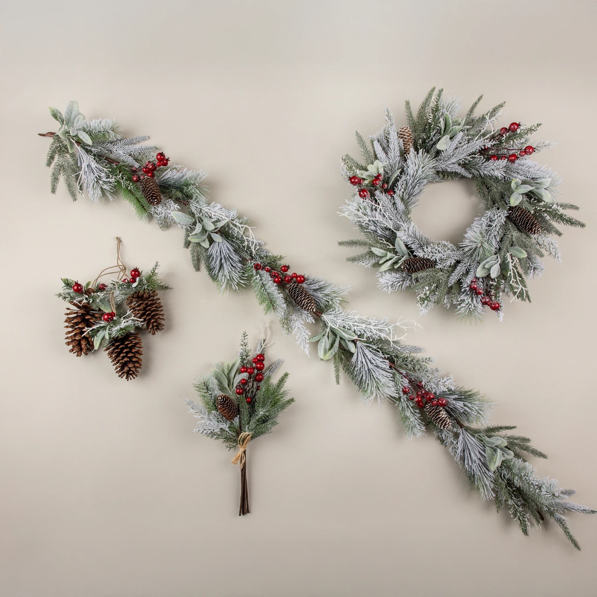 Snow-Covered Pine, Lamb's Ear & Red Berry Wreath, 24", photo 4 of 4
