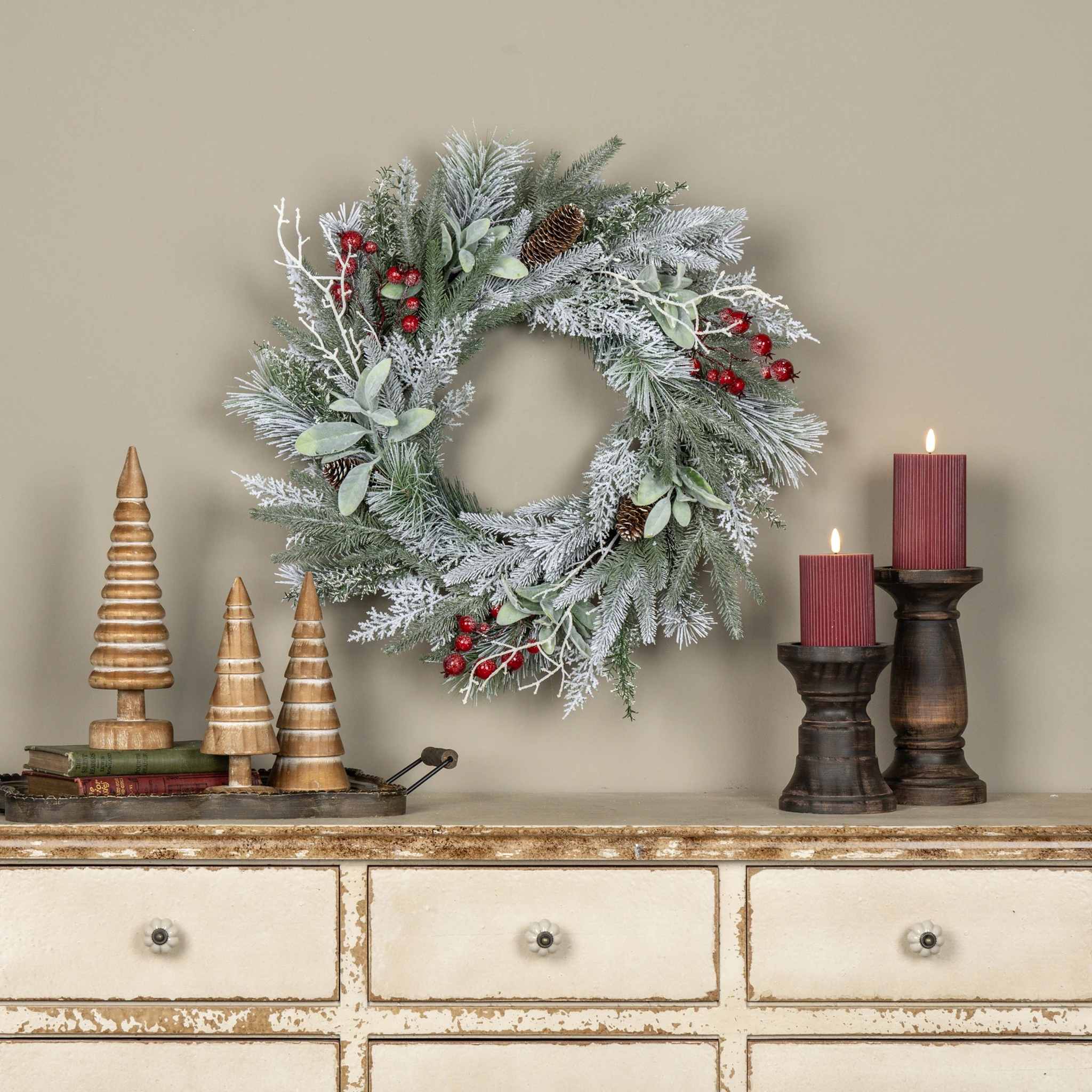 Snow-Covered Pine, Lamb's Ear & Red Berry Wreath, 24"