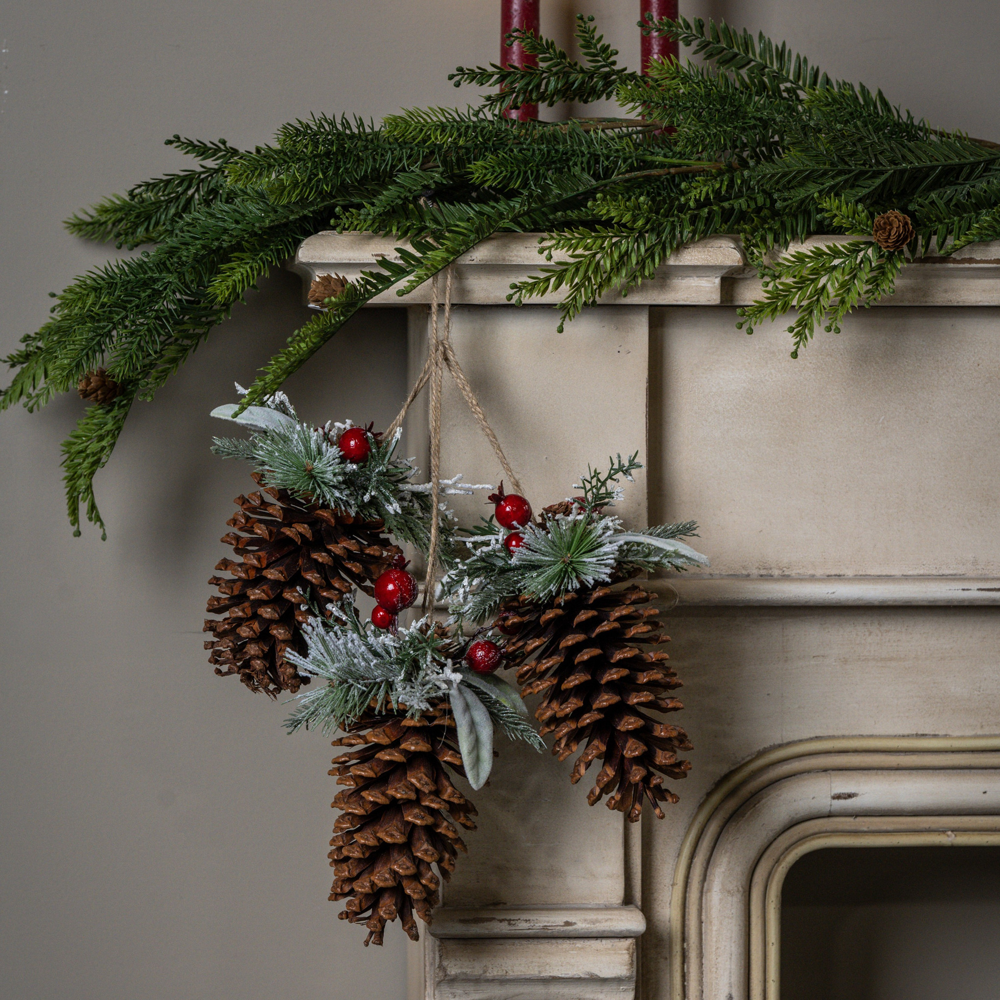 Snow-Covered Pine, Lamb's Ear & Red Berry Pinecone Cluster