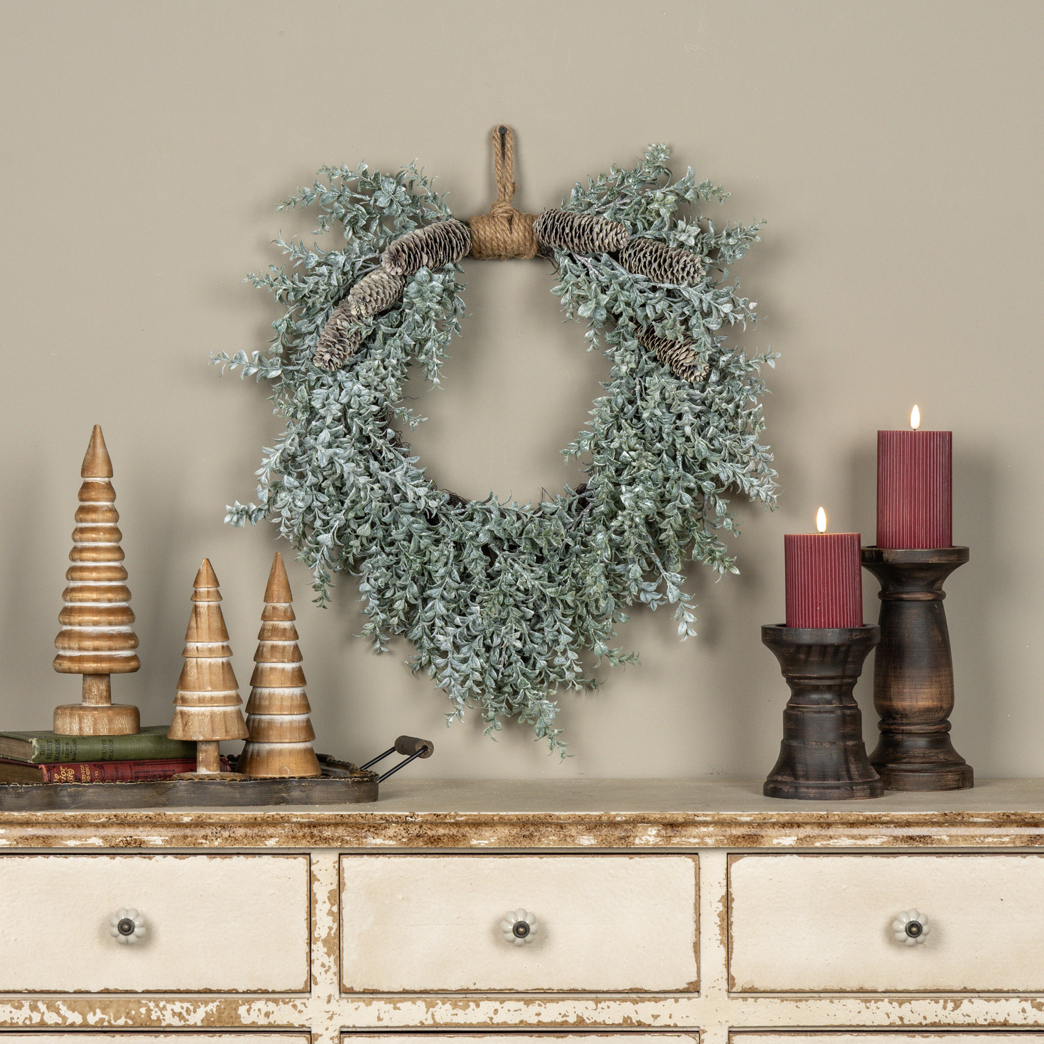 Whitewashed Boxwood & Pinecone Hanging Wreath, 23", photo 2 of 2