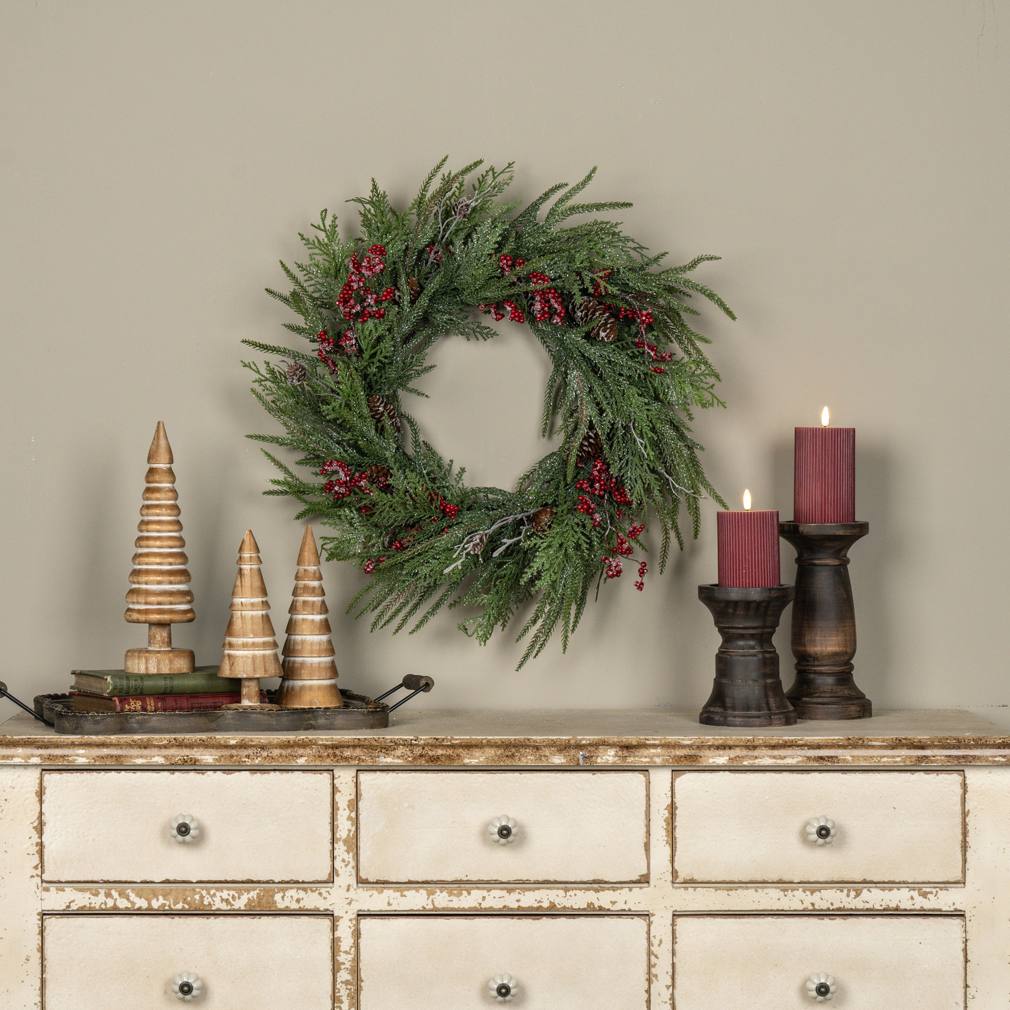 Cedar, Pine & Red Berries Wreath, 24"