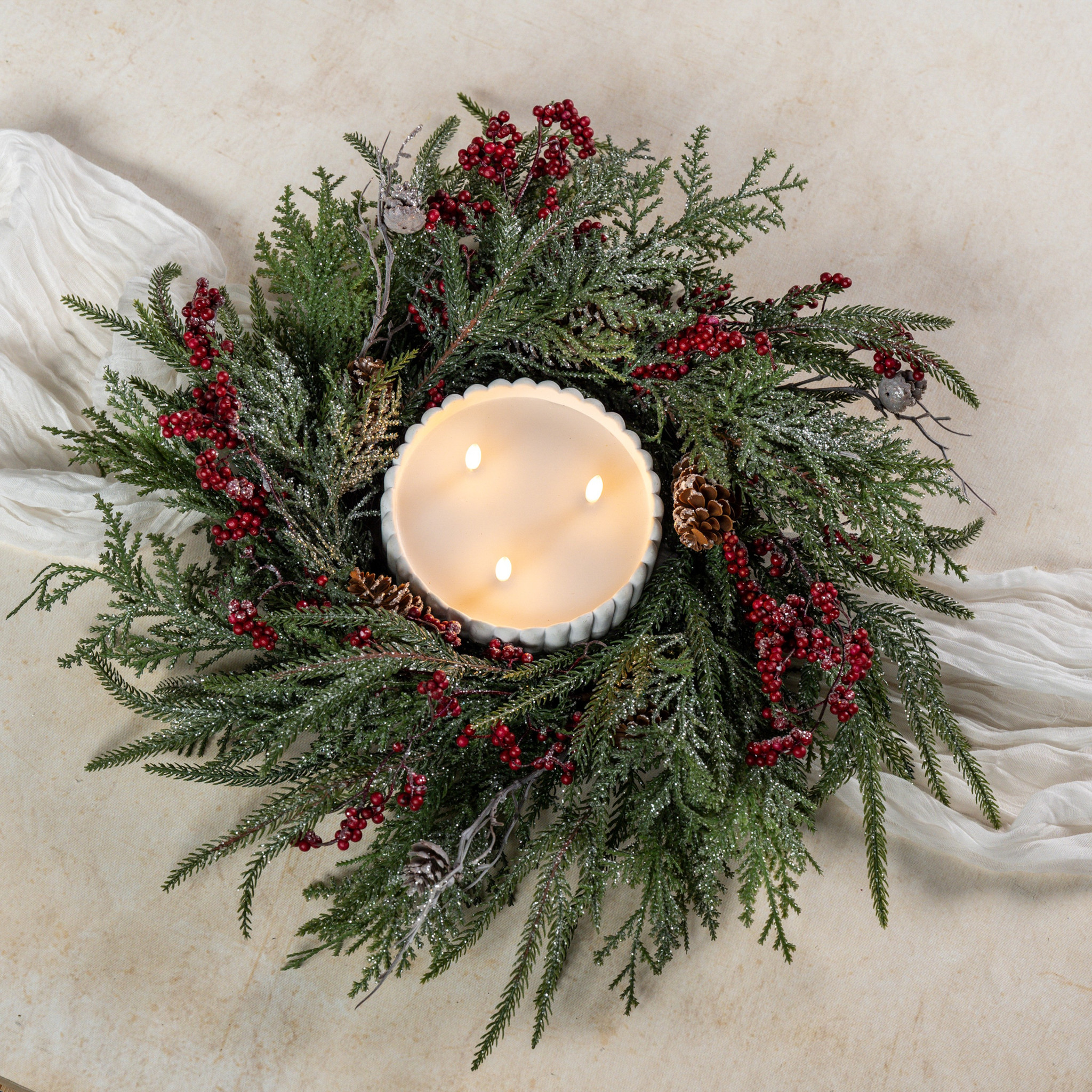 Cedar, Pine & Red Berries Candle Ring, 18"