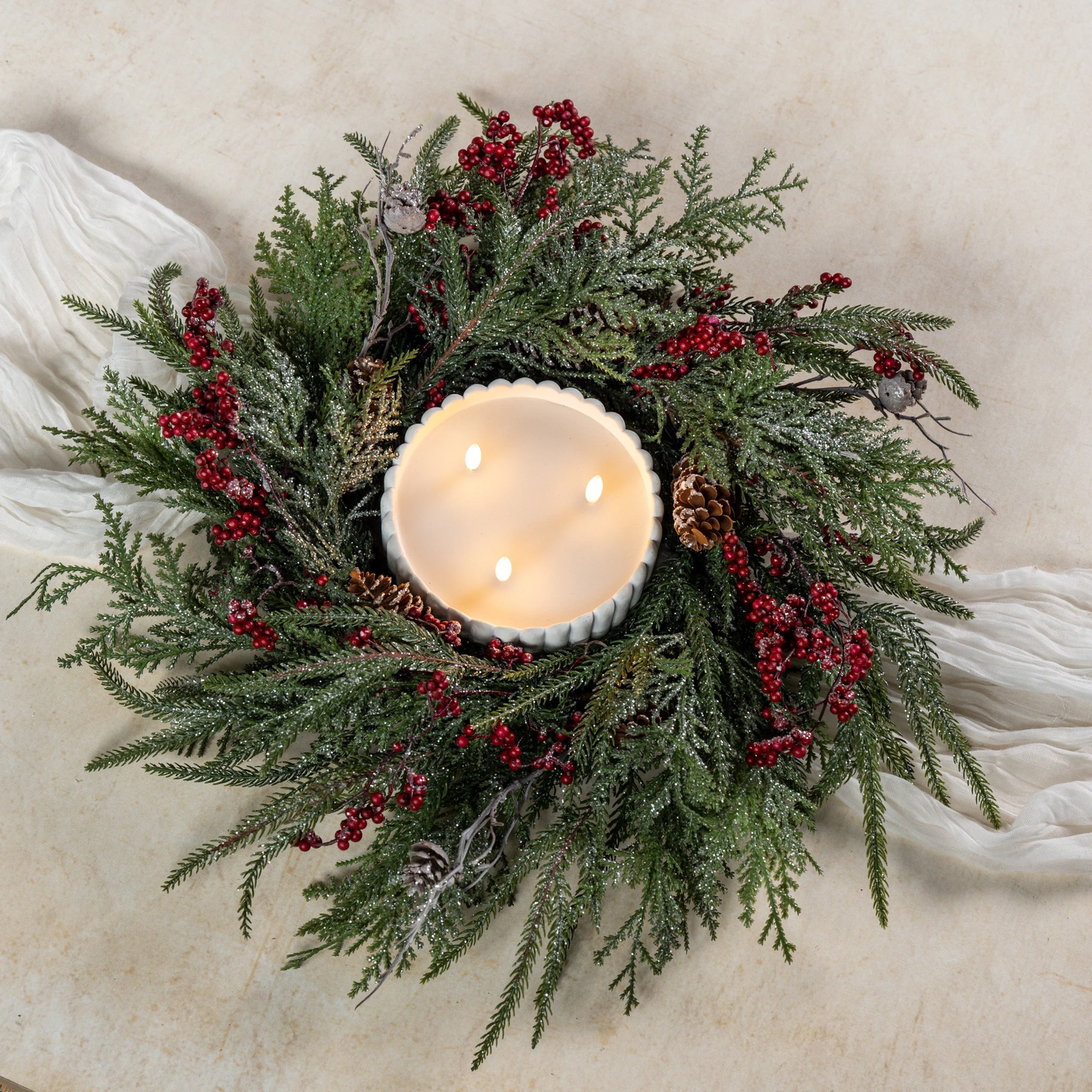 Cedar, Pine & Red Berries Candle Ring, 18"