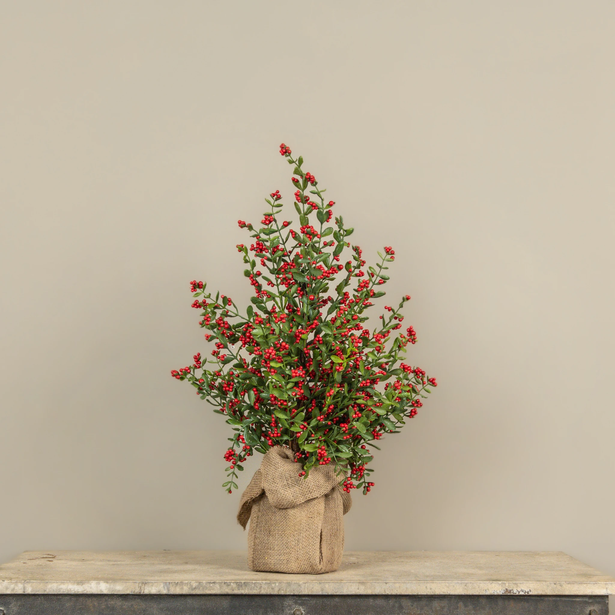 Ruscus Leaf & Mini Red Berry Tree with Burlap Base, 28"