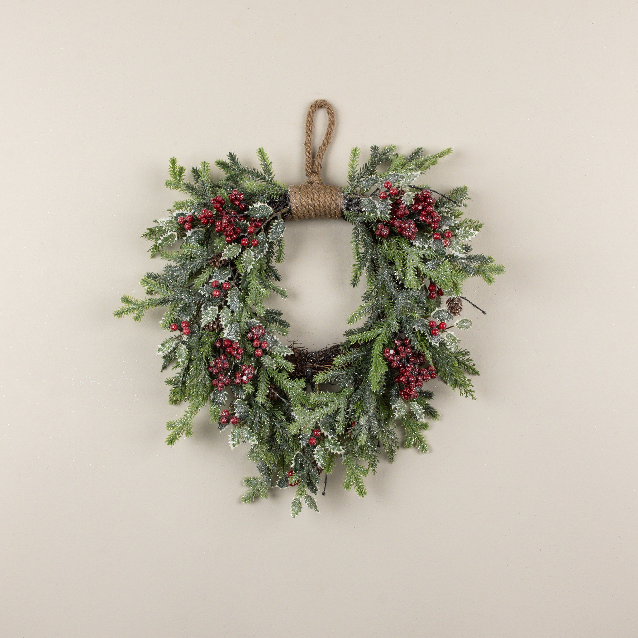 Glittered Pine, Cypress & Holly Hanging Wreath, 20", photo 2 of 3
