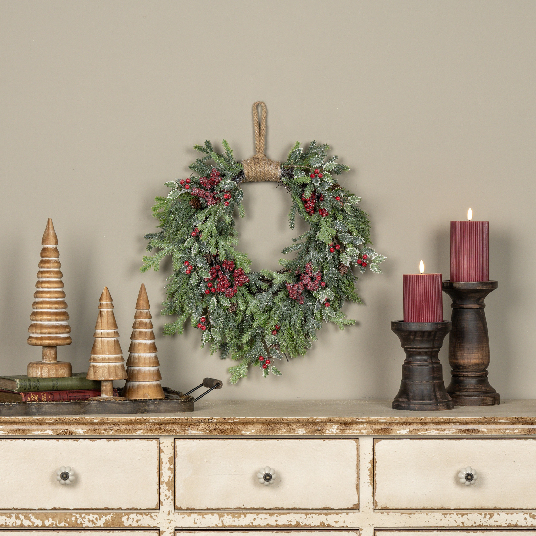 Glittered Pine, Cypress & Holly Hanging Wreath, 20"