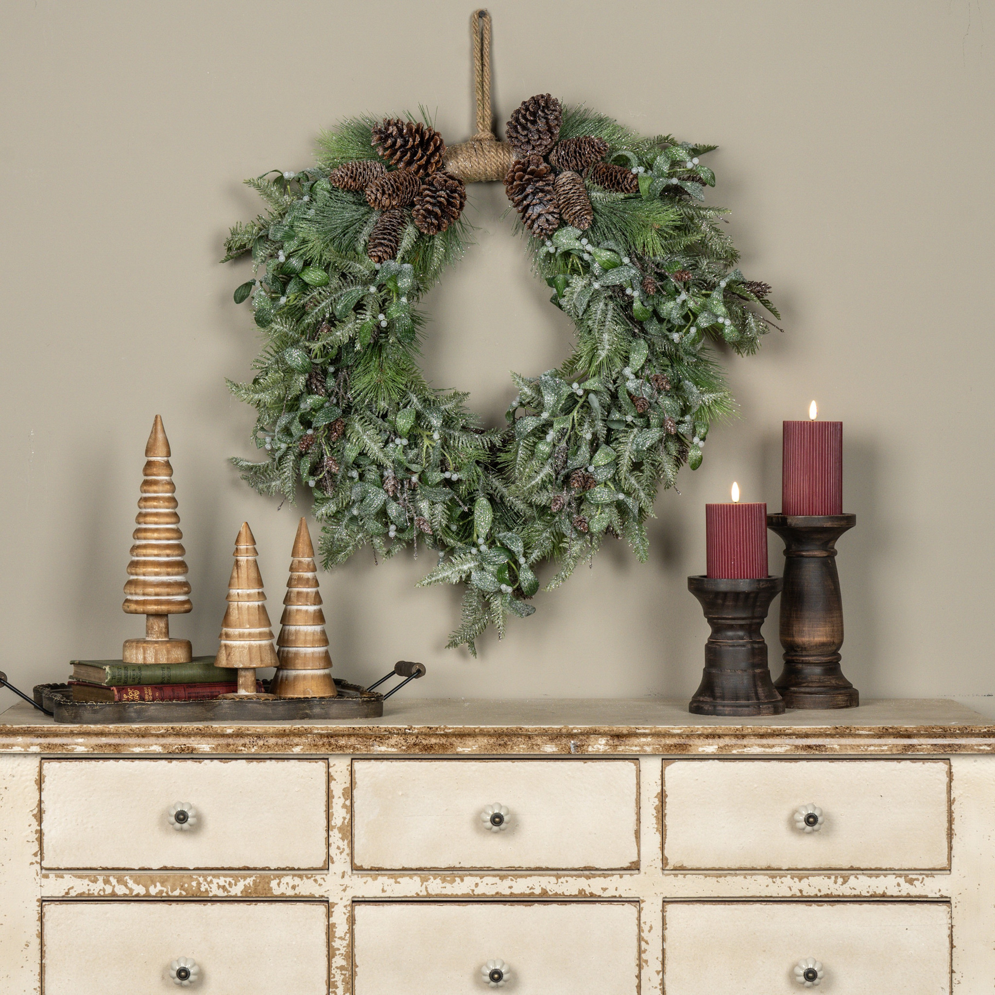Frosted Pine, Hemlock & Mistletoe Hanging Wreath, 28"