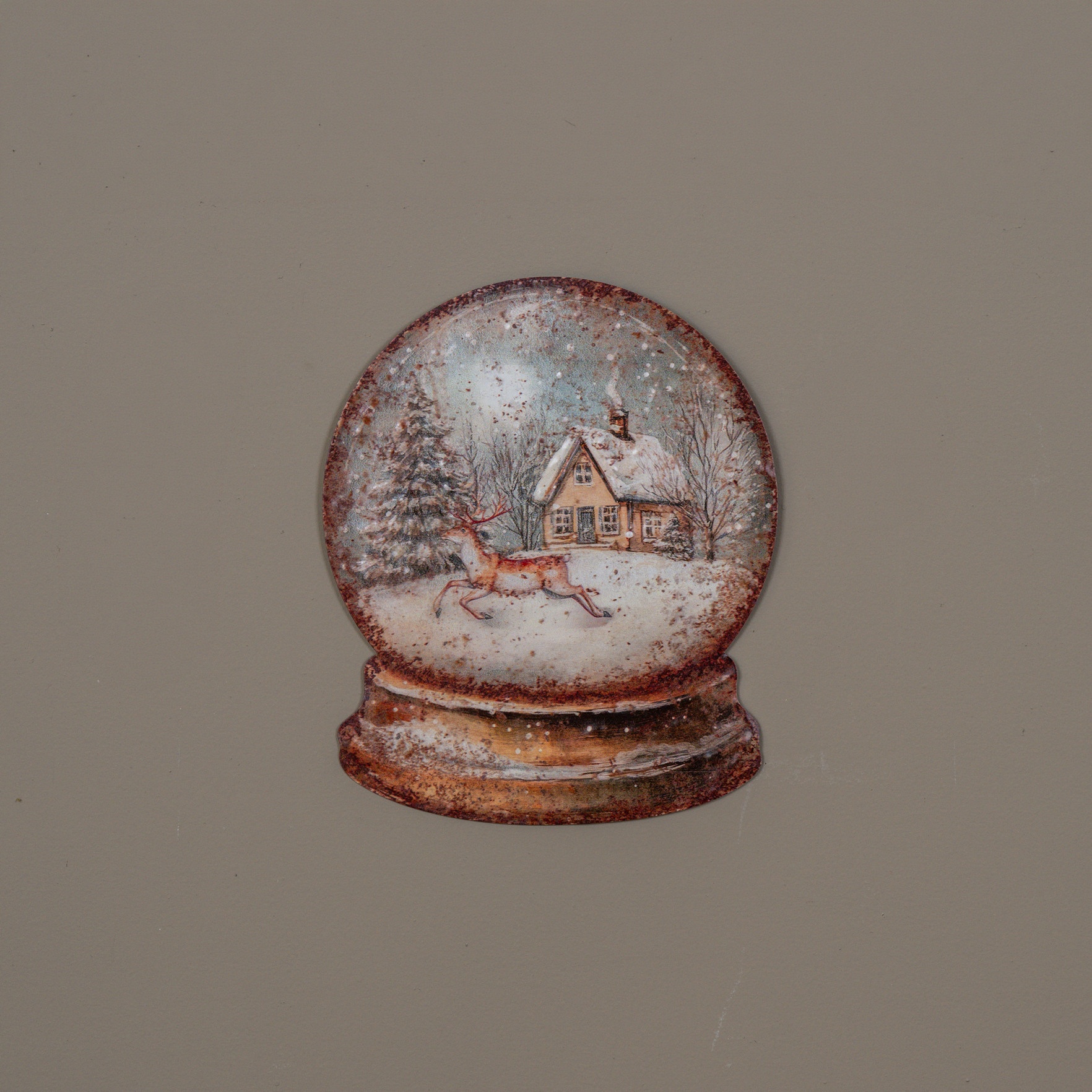 House & Deer Snow Globe Metal Sign, 11.25"