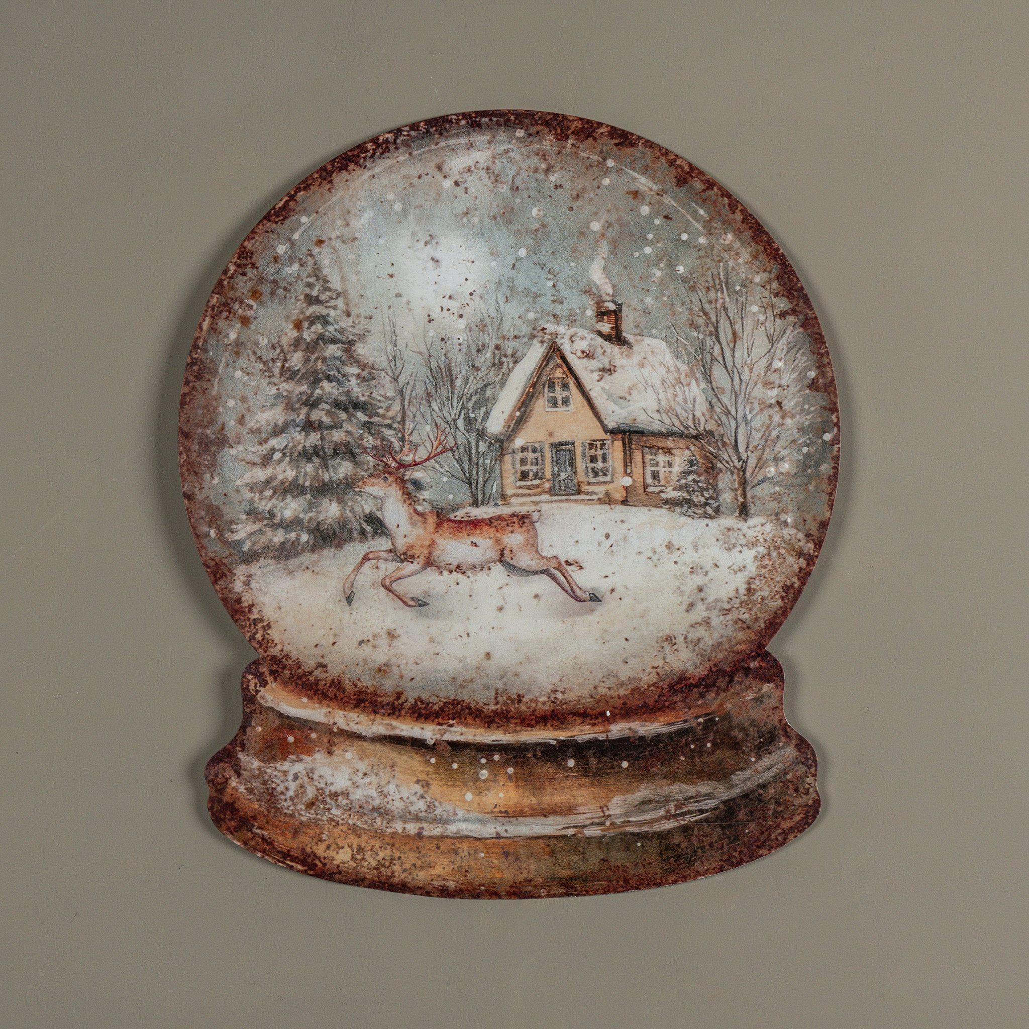 House & Deer Snow Globe Metal Sign, 23.5"