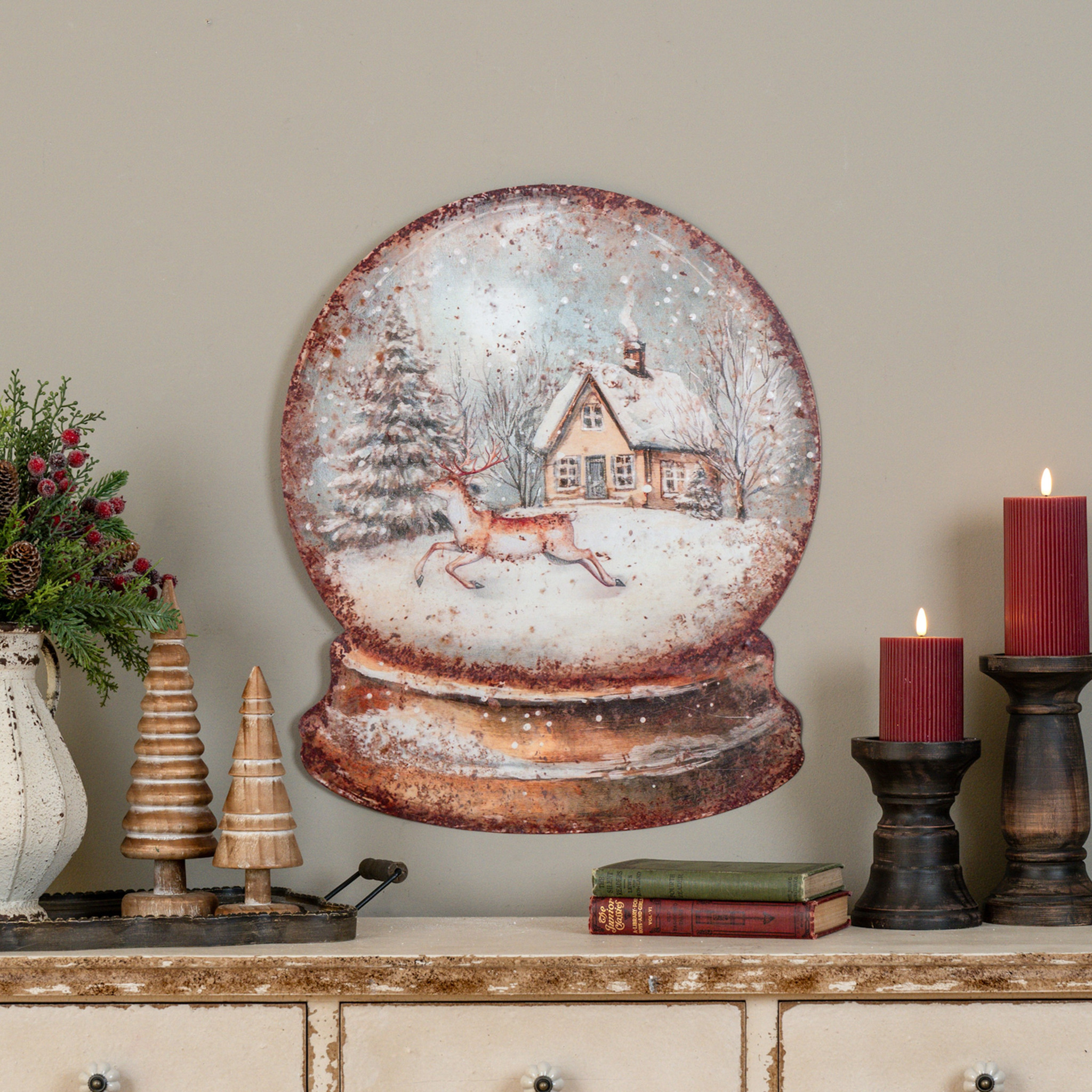 House & Deer Snow Globe Metal Sign, 23.5"