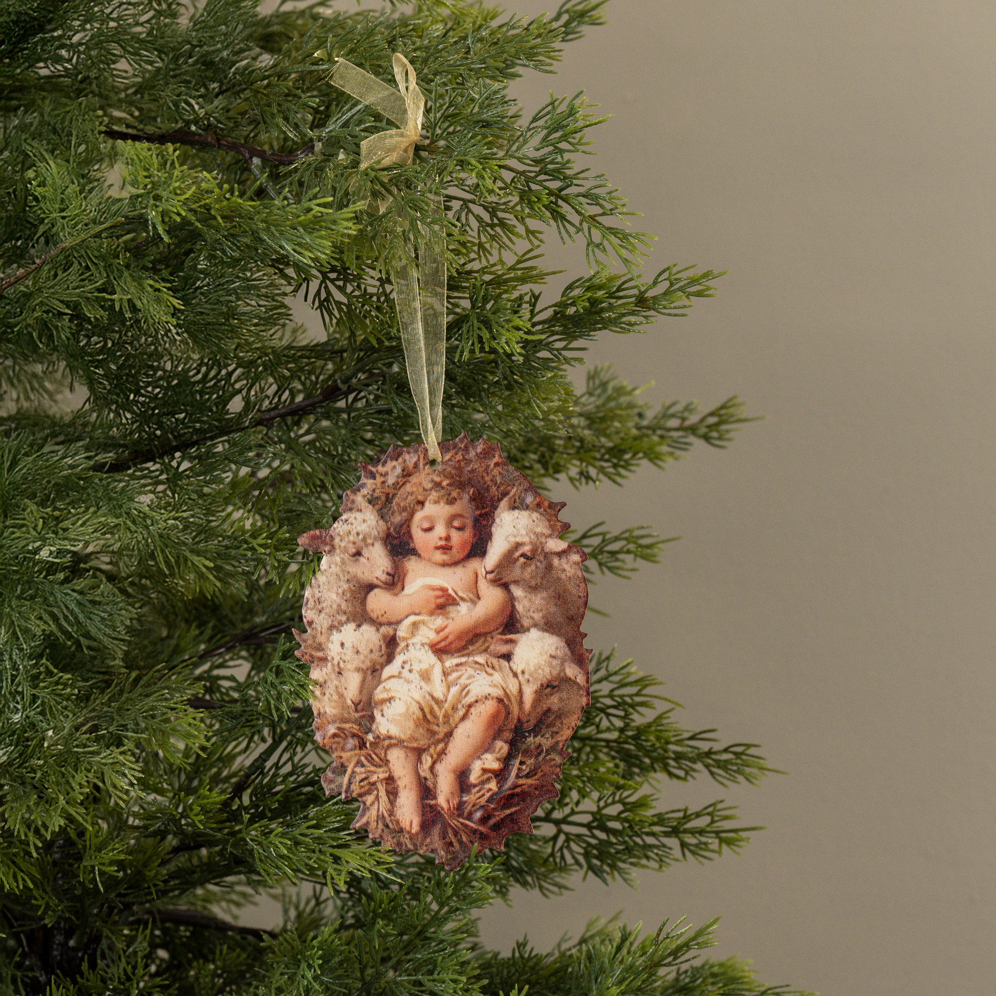 Baby Jesus with Lambs Metal Ornament, 6.5"