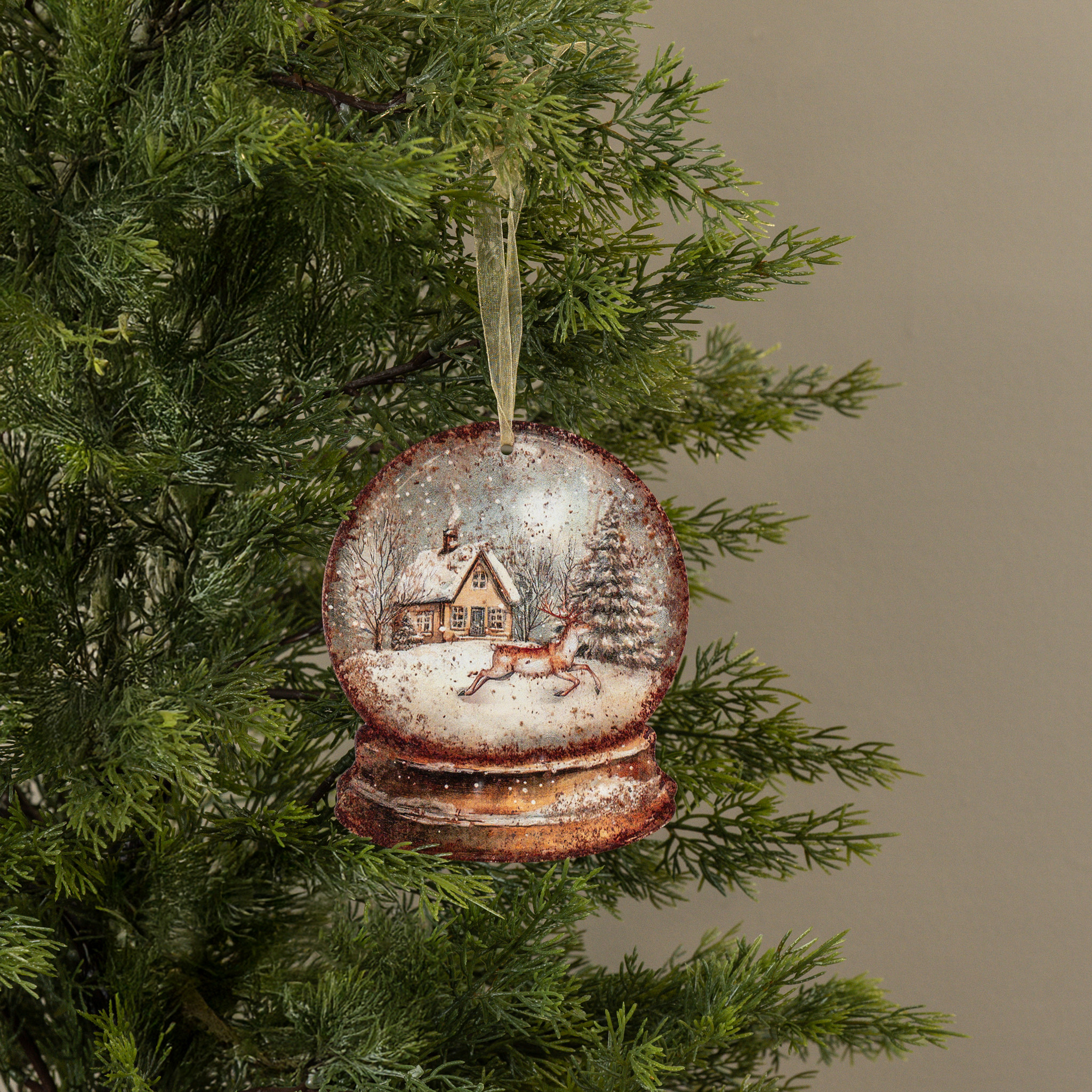 House & Deer Snow Globe Metal Ornament, 6"
