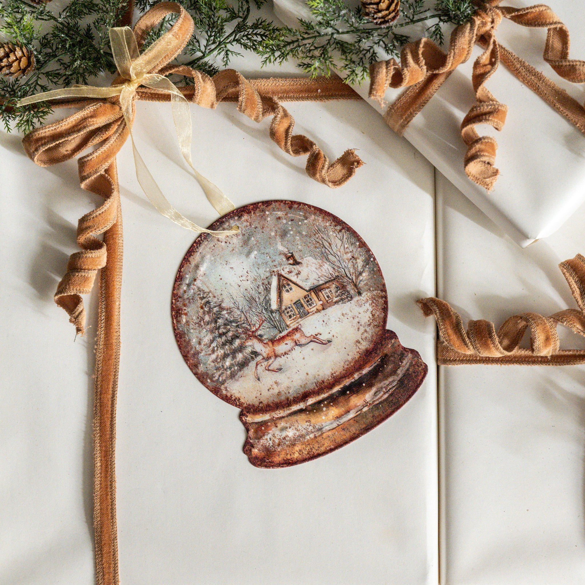 House & Deer Snow Globe Metal Ornament, 6"
