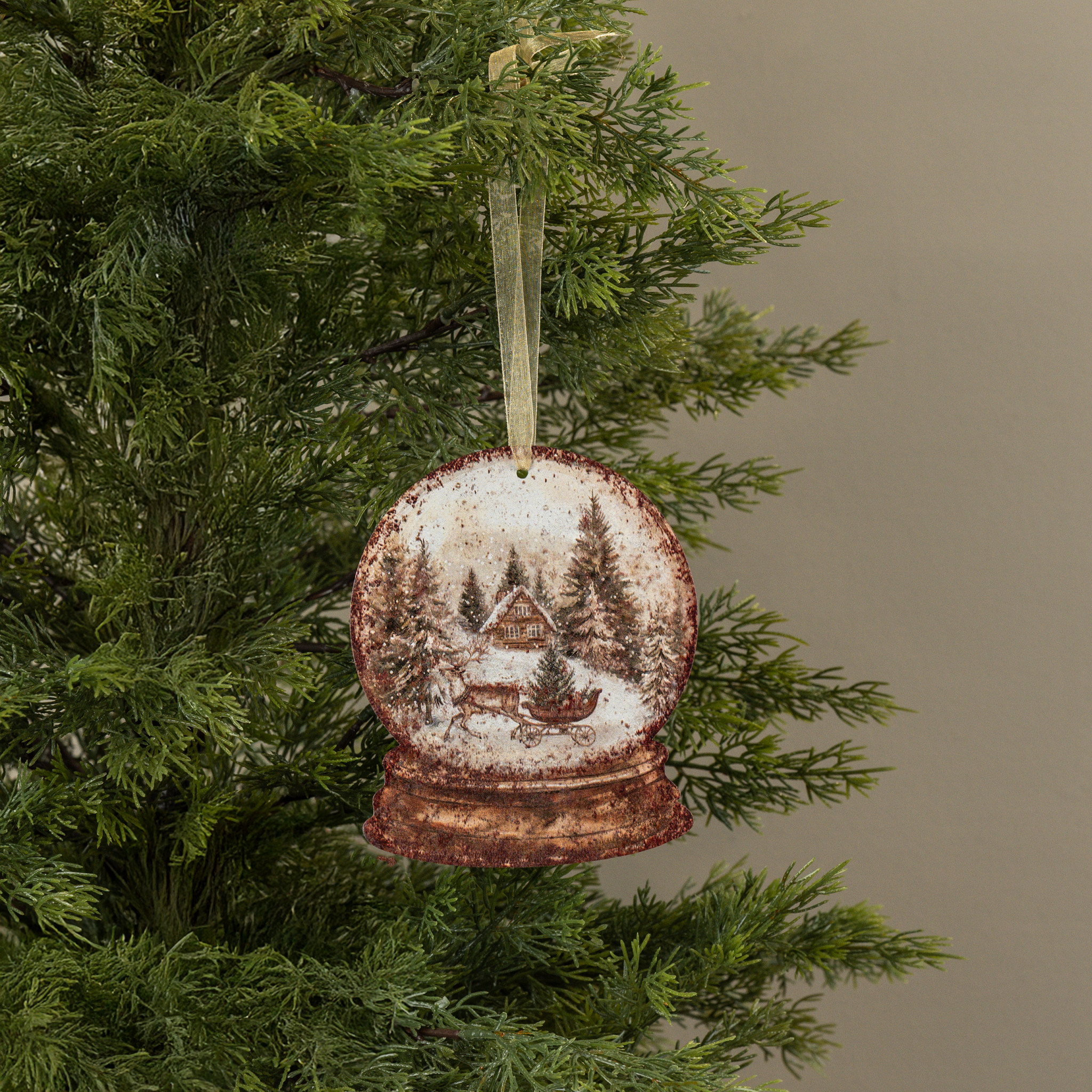 Cabin & Sled Snow Globe Metal Ornament, 6"