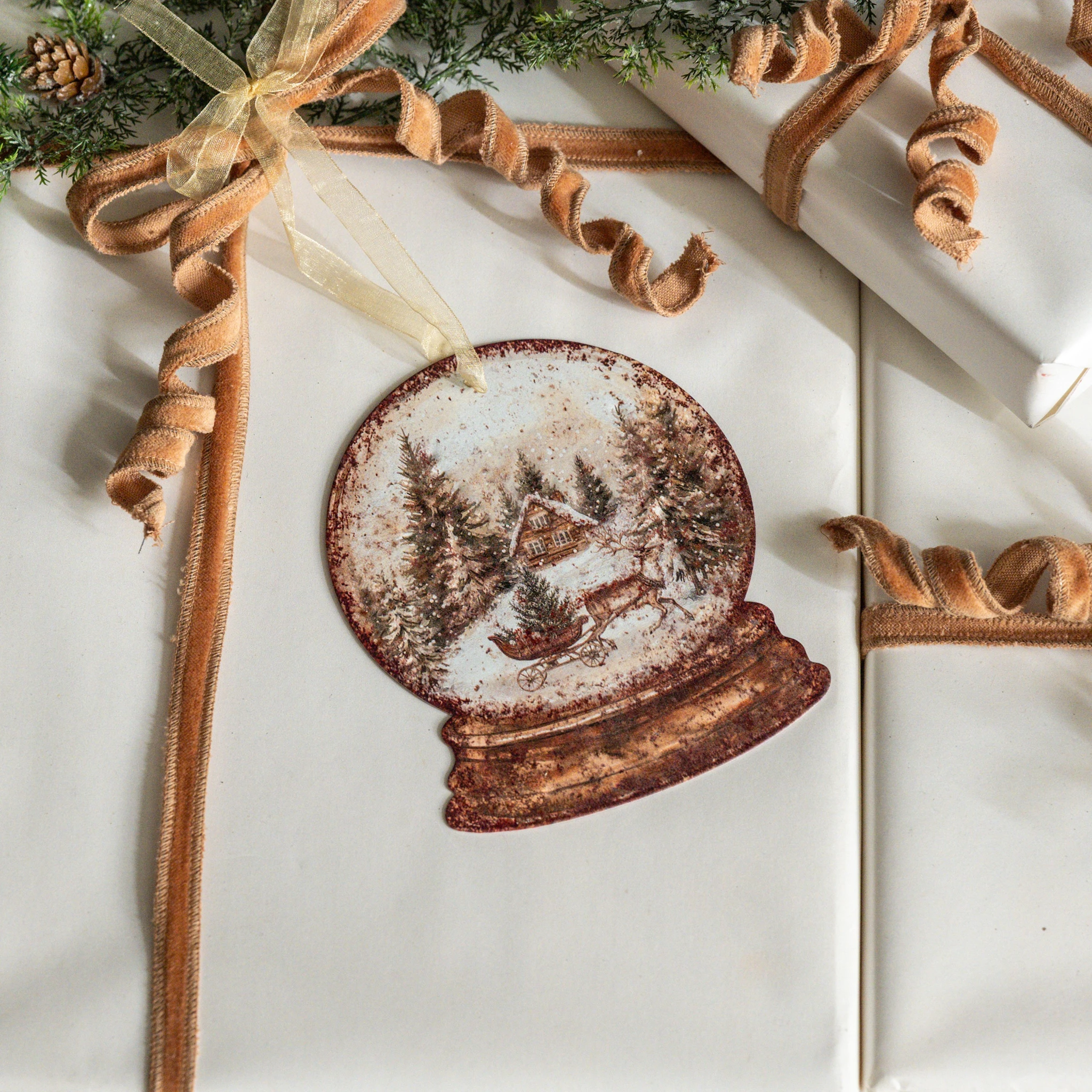 Cabin & Sled Snow Globe Metal Ornament, 6"