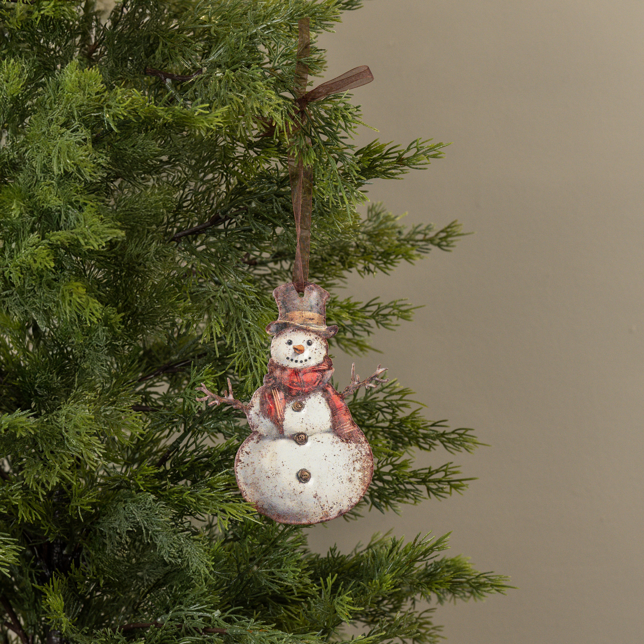 Red Scarf Snowman Metal Ornament, 6"