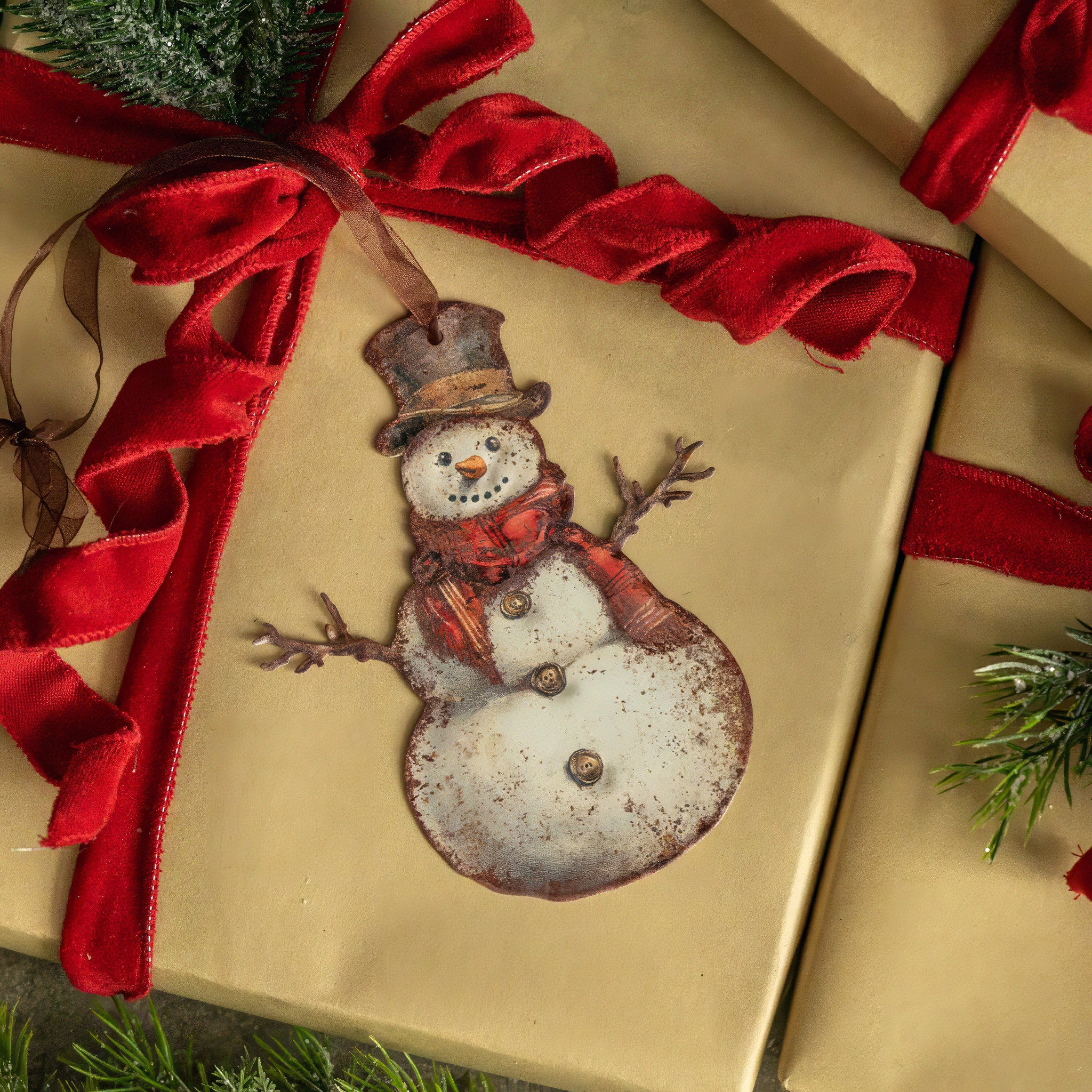 Red Scarf Snowman Metal Ornament, 6"