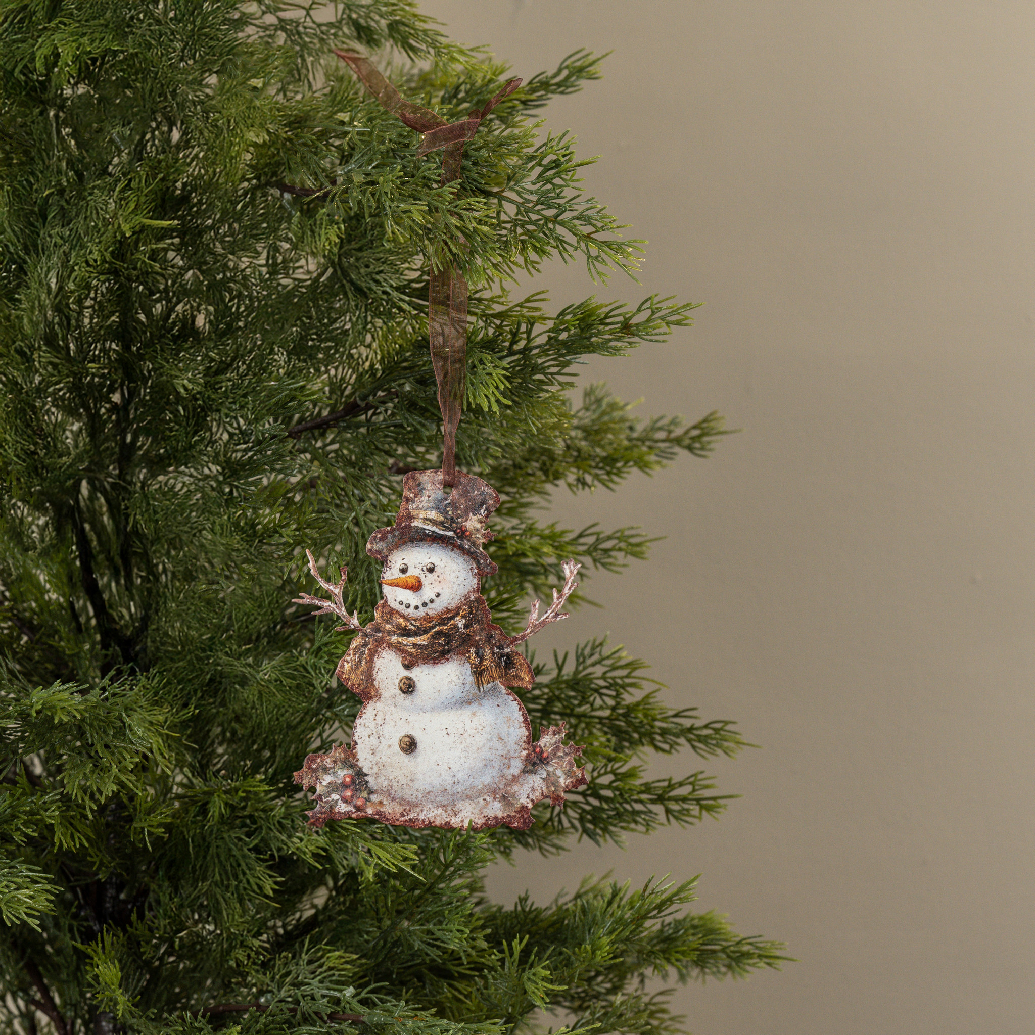 Holly Snowman Metal Ornament, 6"