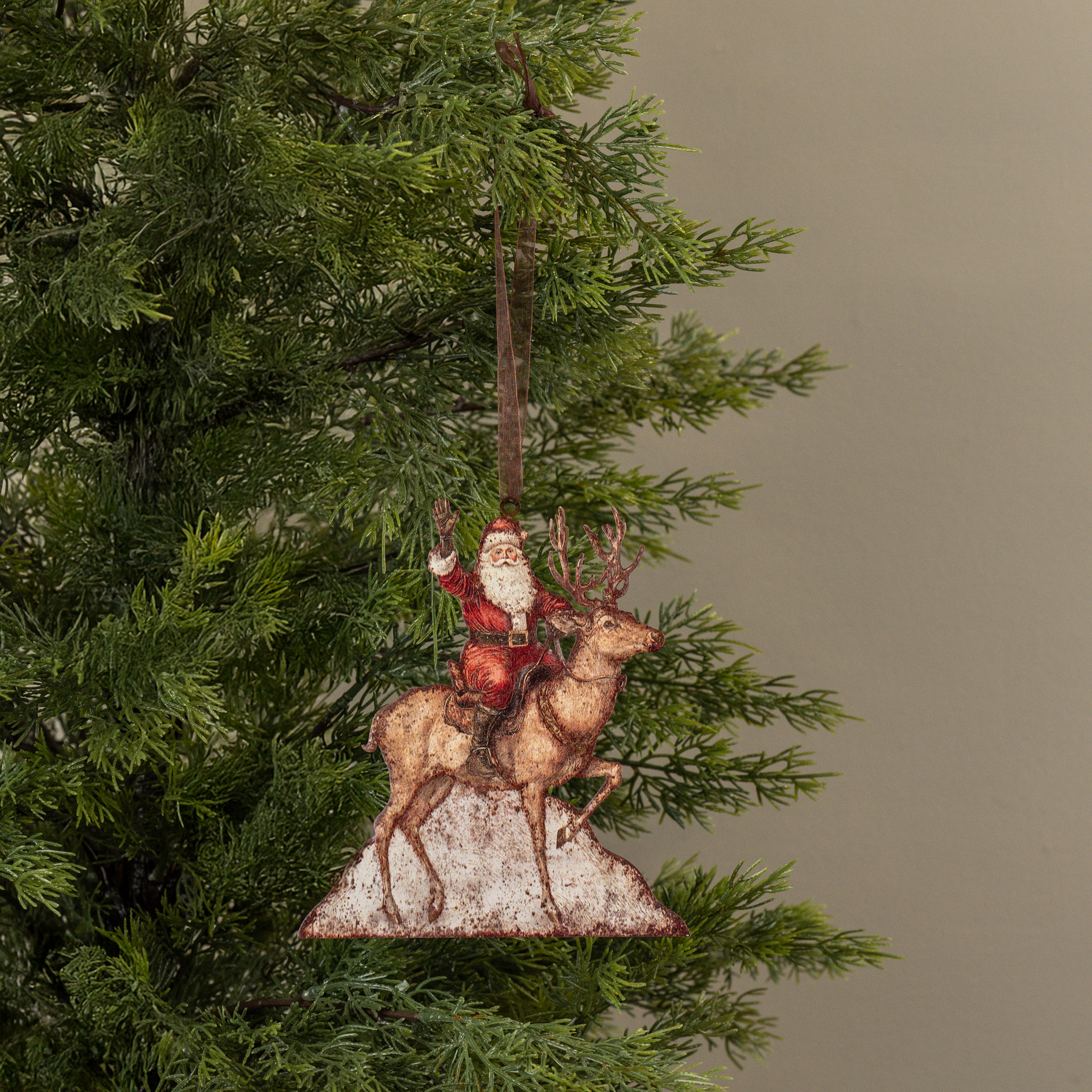 Santa on Reindeer Metal Ornament, 6.5"