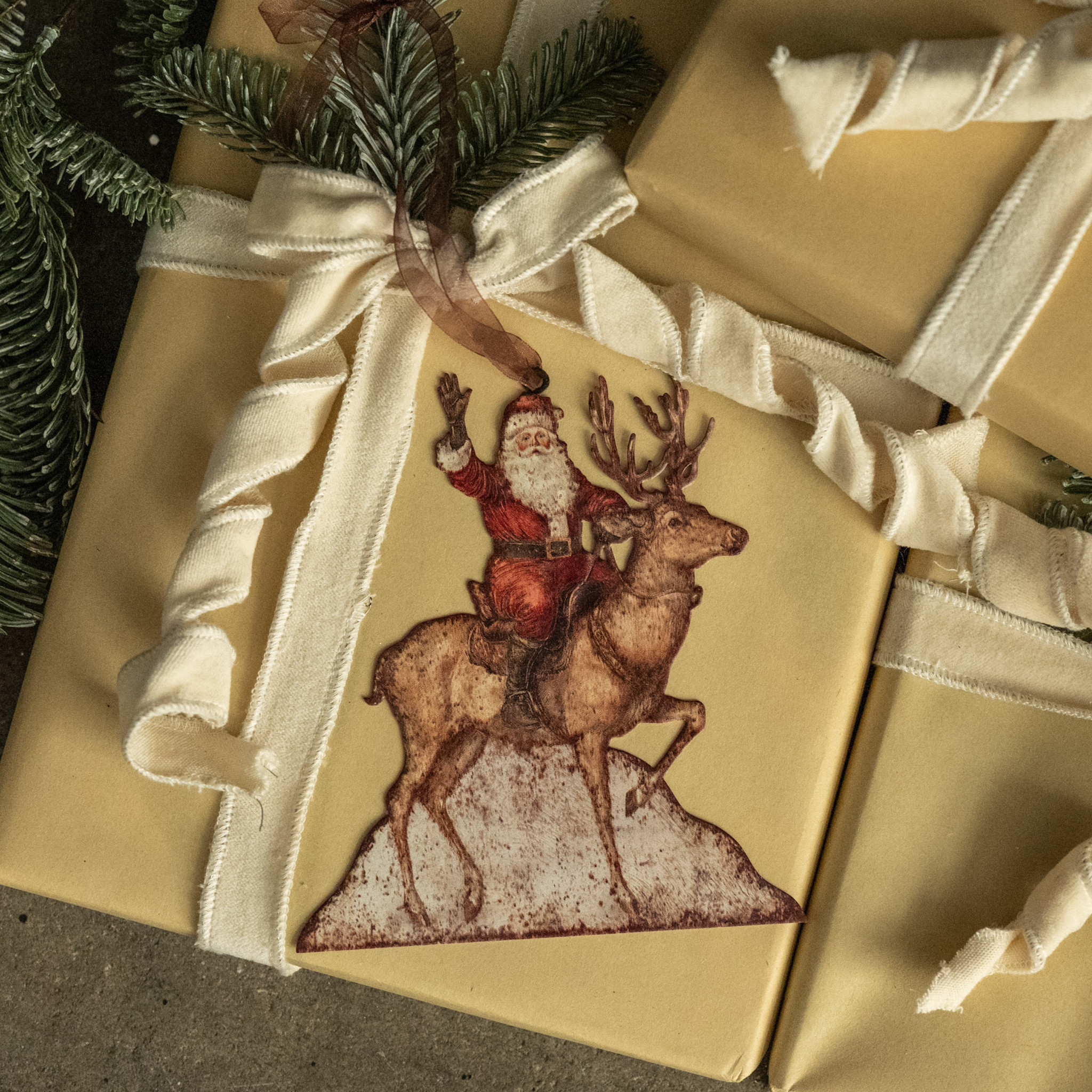 Santa on Reindeer Metal Ornament, 6.5"