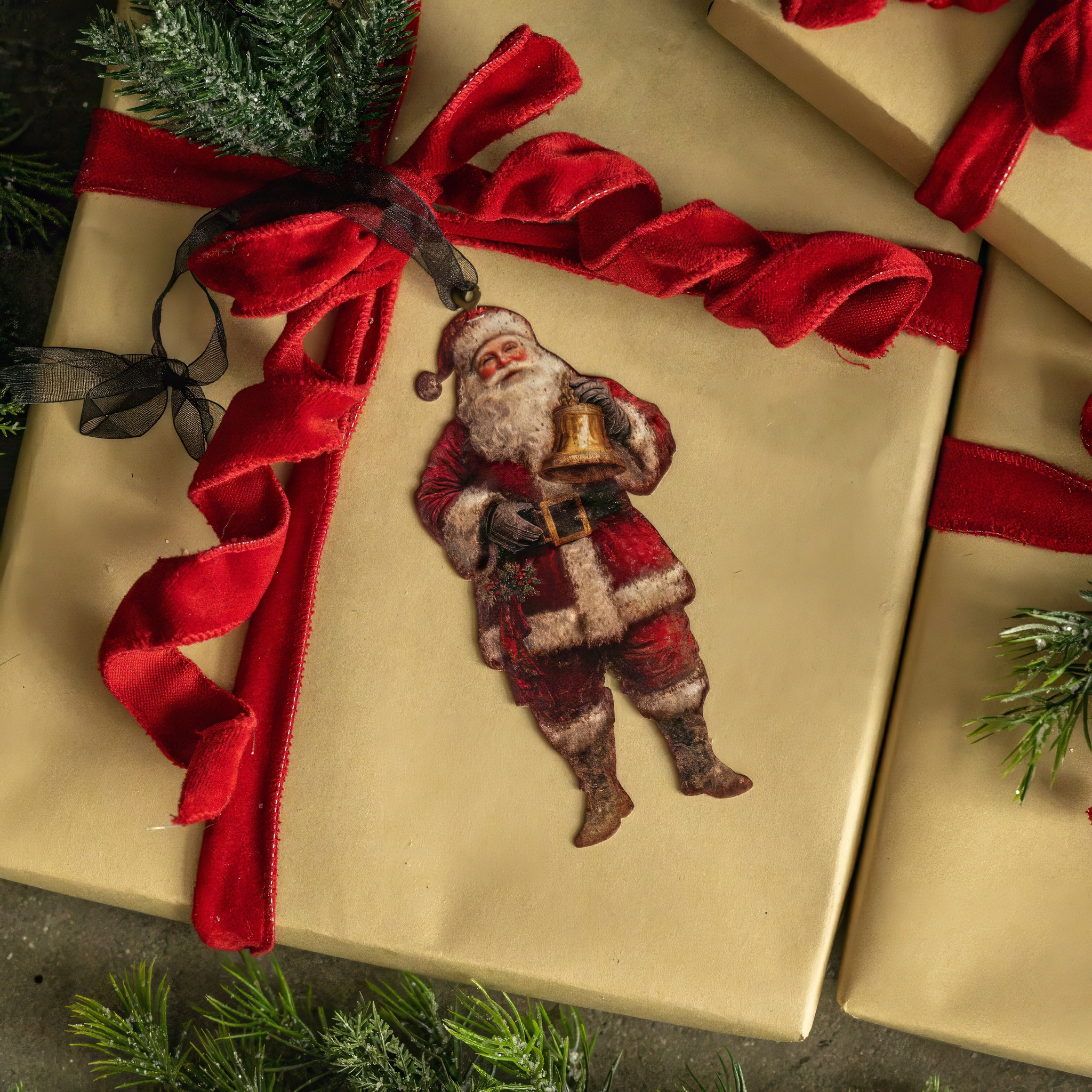 Santa with Bell Metal Ornament, 6.25"