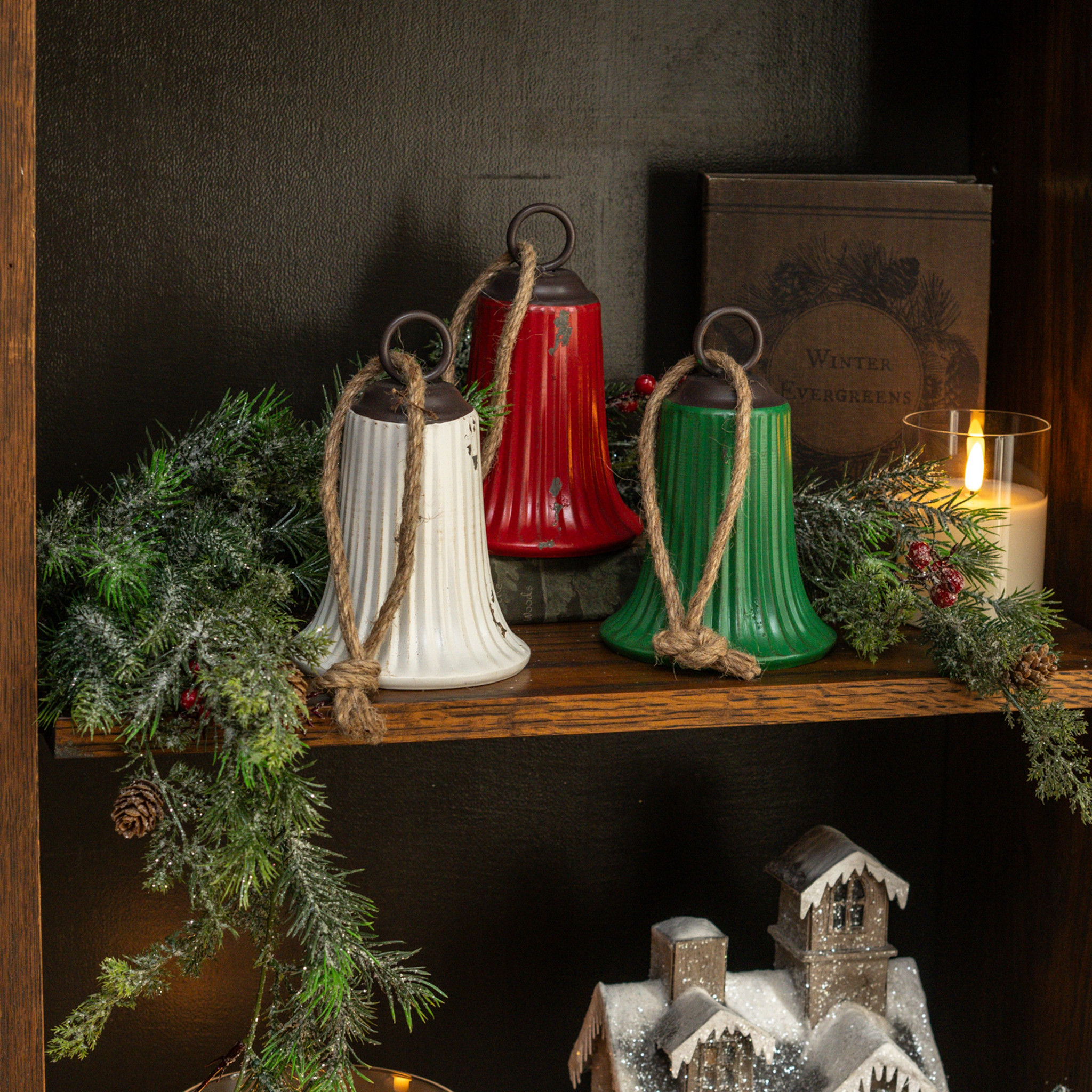 Hanging Green, Red & White Bells, Set of 3