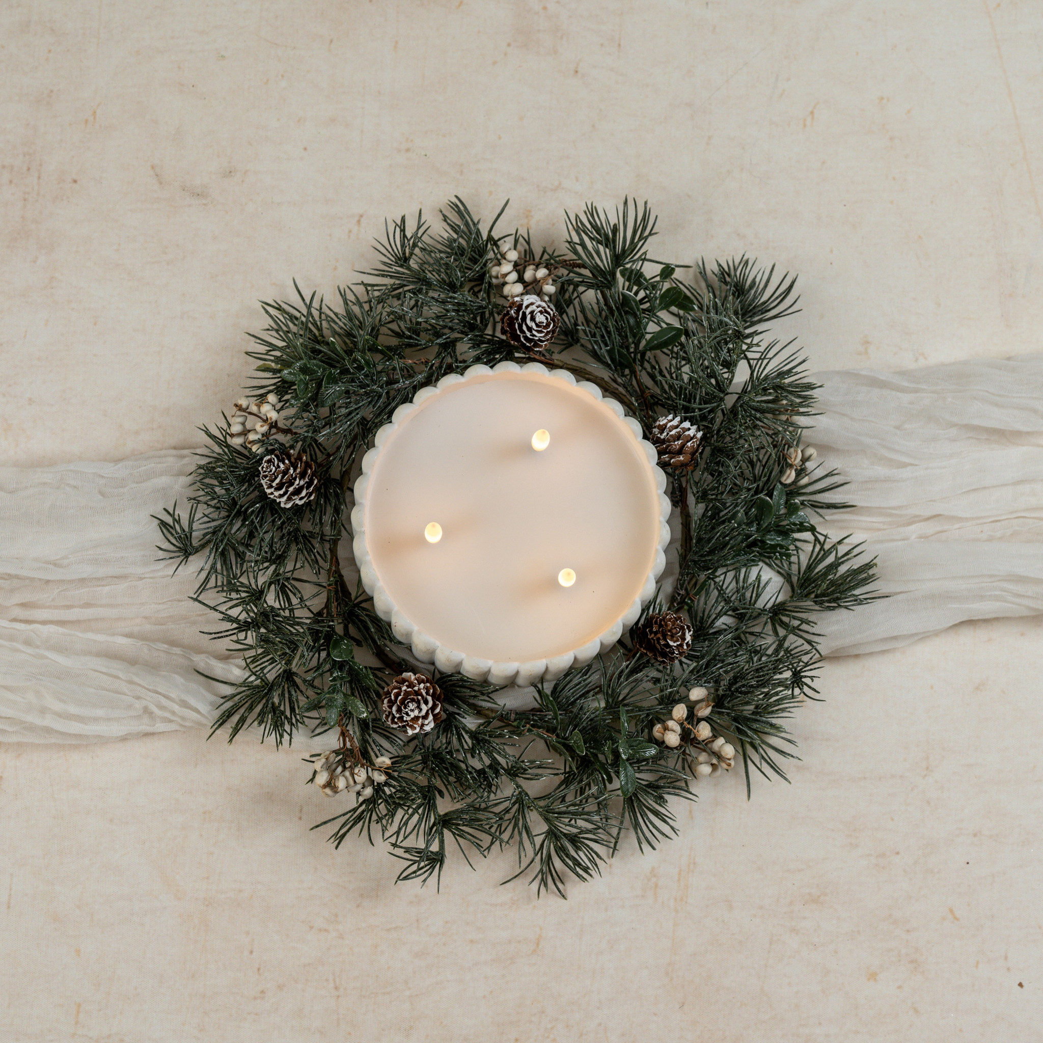 Pine with Cream Berries Candle Ring, 13"