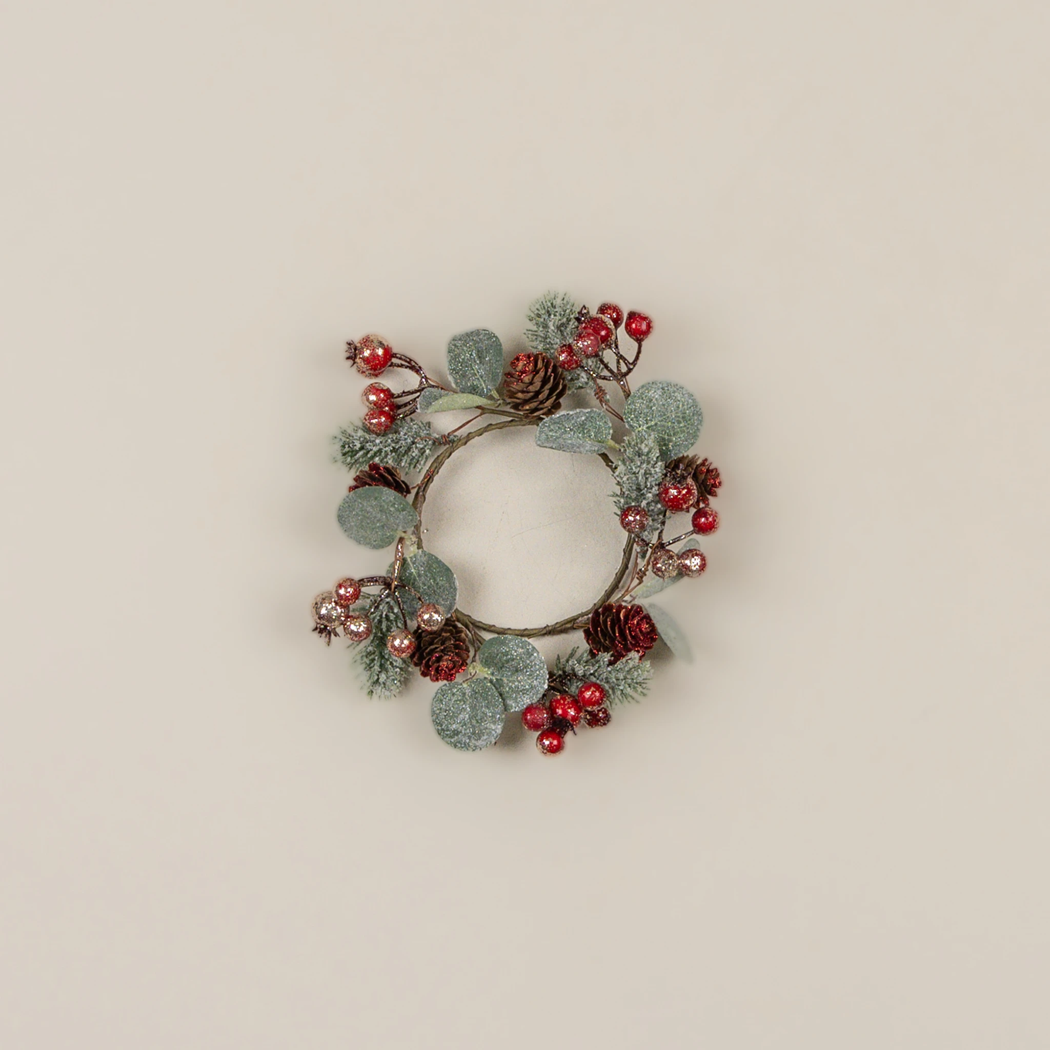 Glittered Red Berry & Pine Candle Ring, 8"