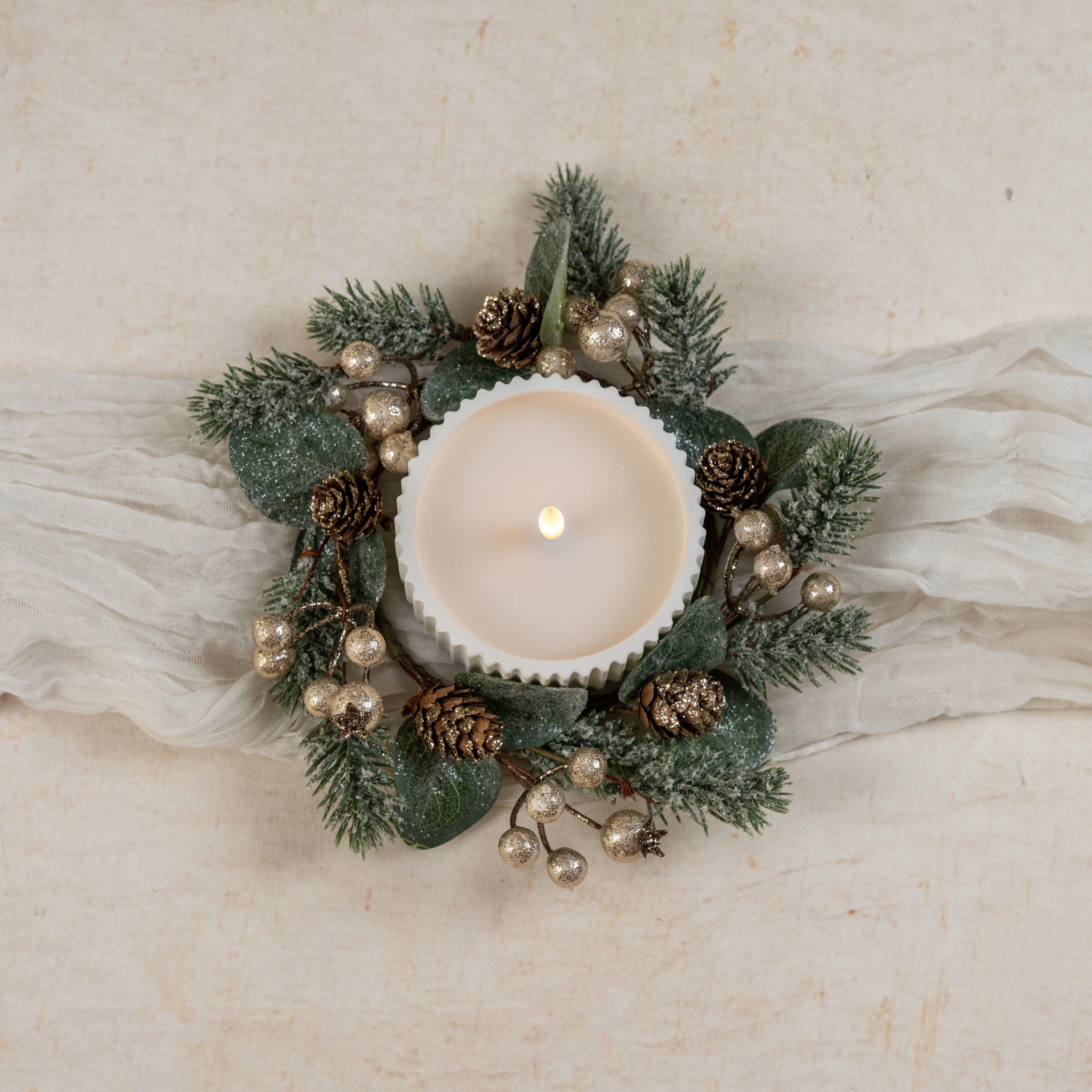 Glittered Gold Berry & Pine Candle Ring, 9"