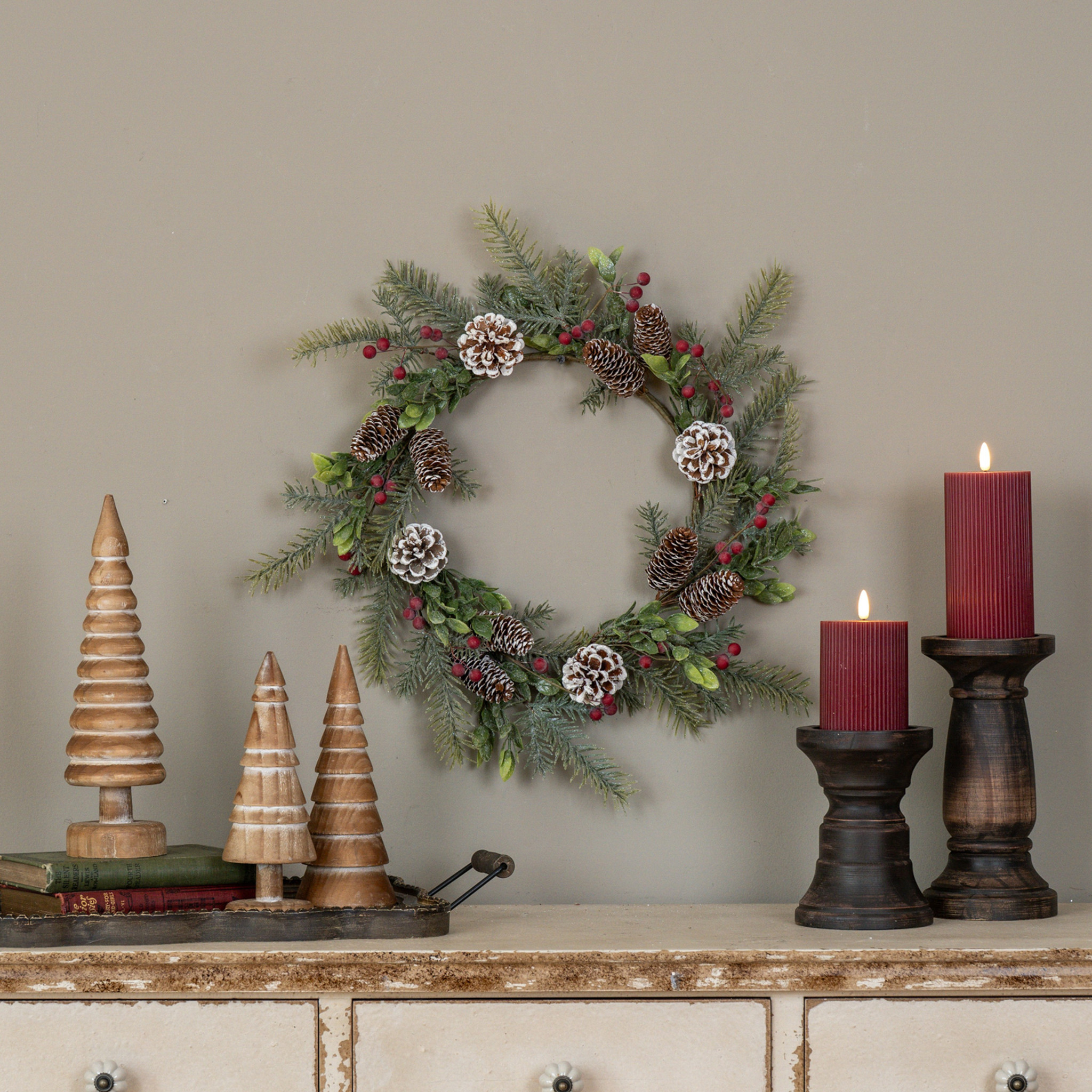 Glittered Pine with Red Berries & Pinecone Wreath, 19"