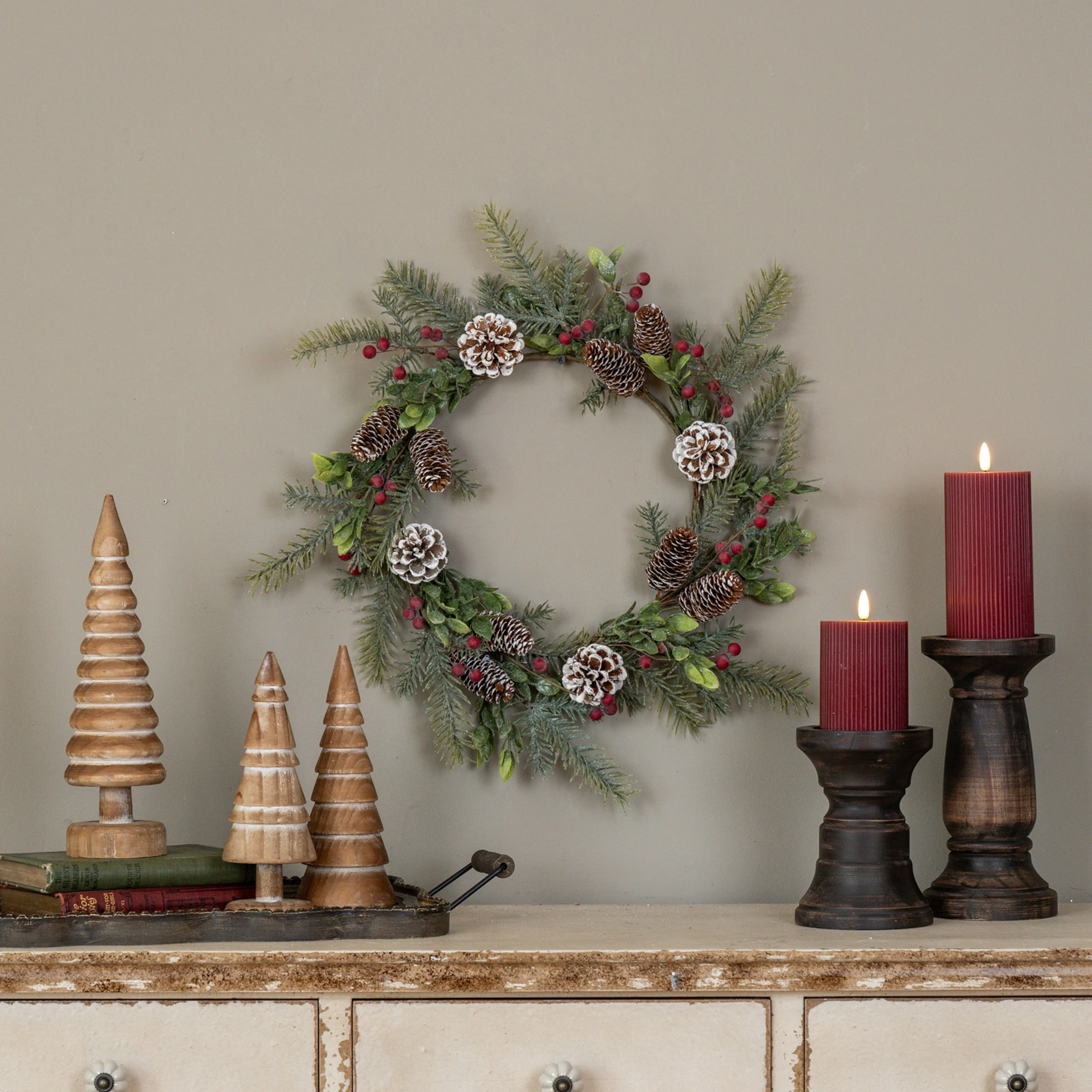 Glittered Pine with Red Berries & Pinecone Wreath, 19"