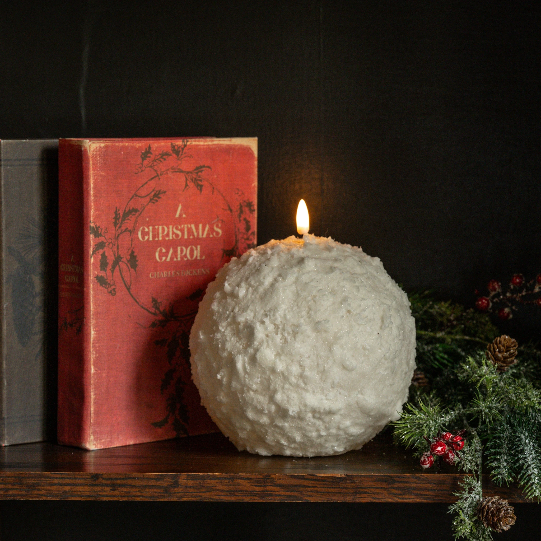 Flameless Cream Shimmer Snowball Candle, 6"