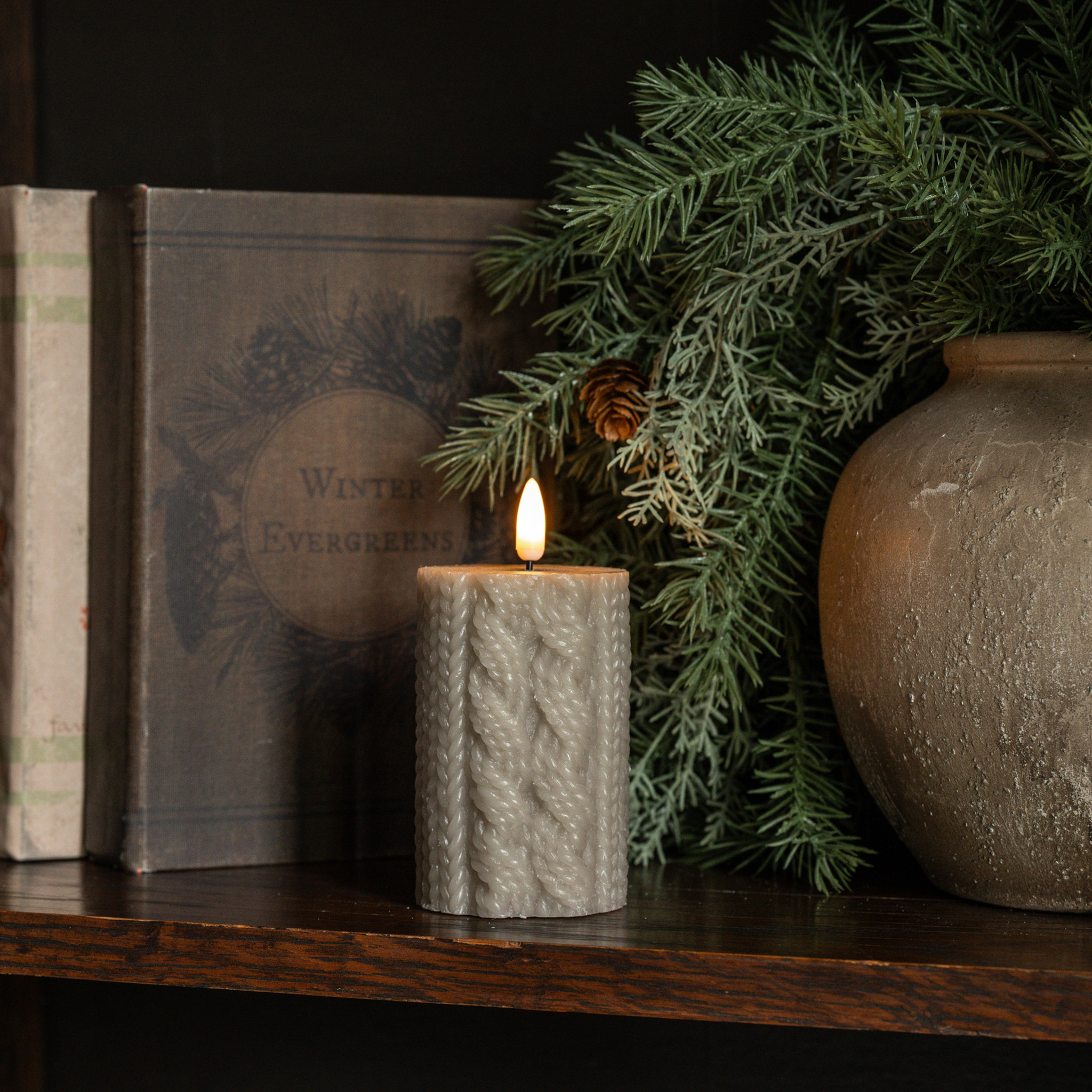 Flameless Taupe Sweater Candle, 4"