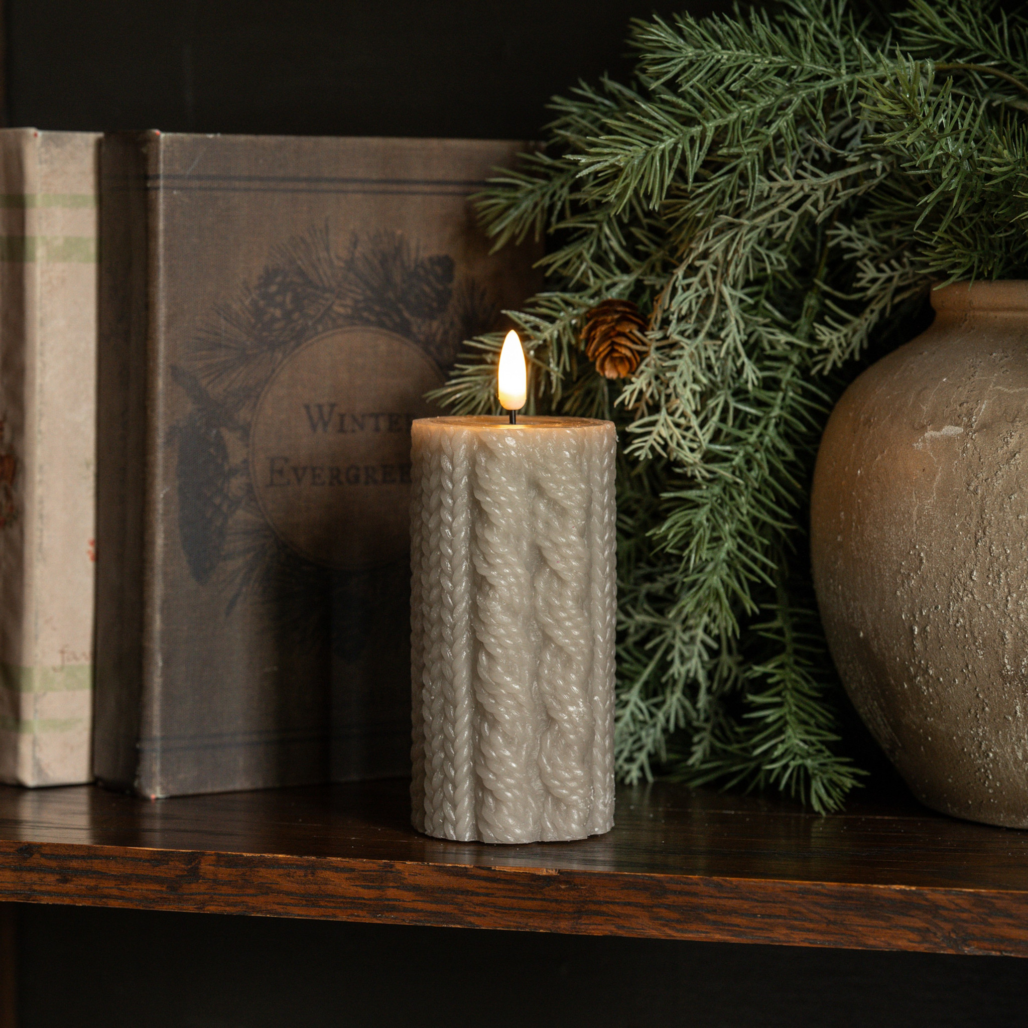 Flameless Taupe Sweater Candle, 5"