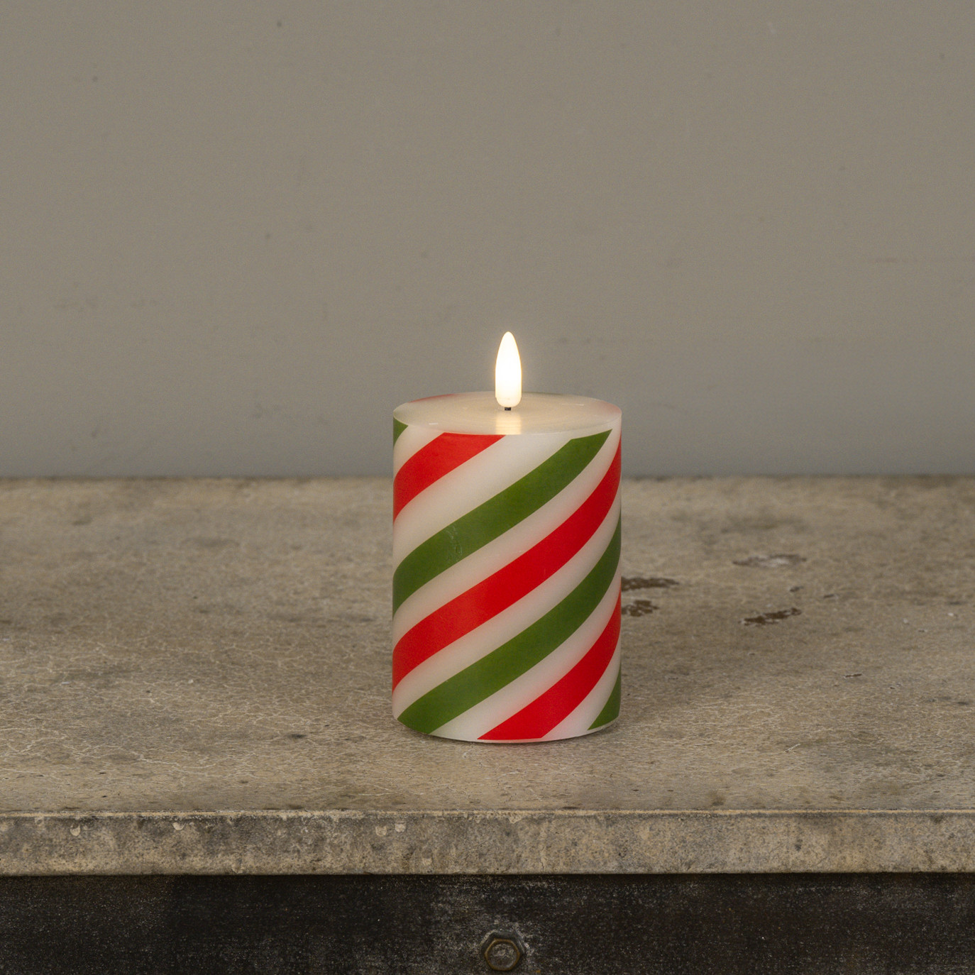 Flameless Red & Green Candy Cane Pillar Candle, 4", photo 4 of 8