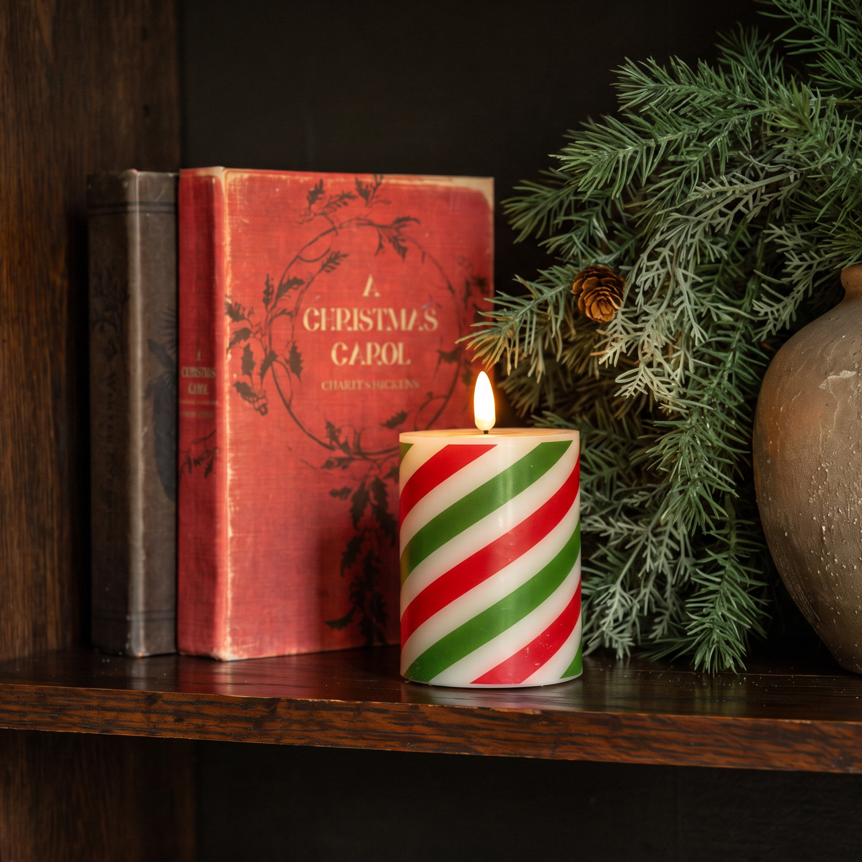 Flameless Red & Green Candy Cane Pillar Candle, 4", photo 2 of 8