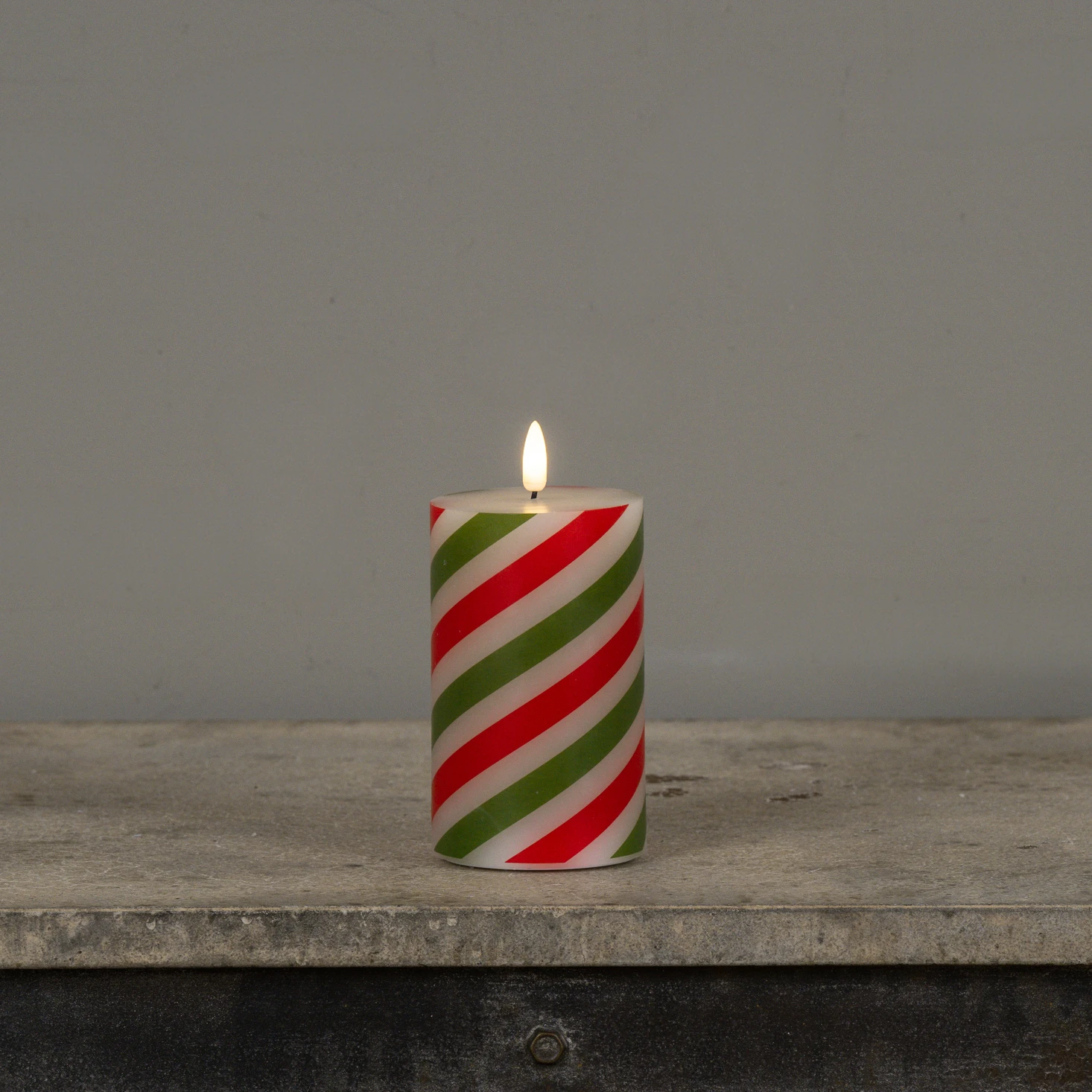 Flameless Red & Green Candy Cane Pillar Candle, 5", photo 4 of 8