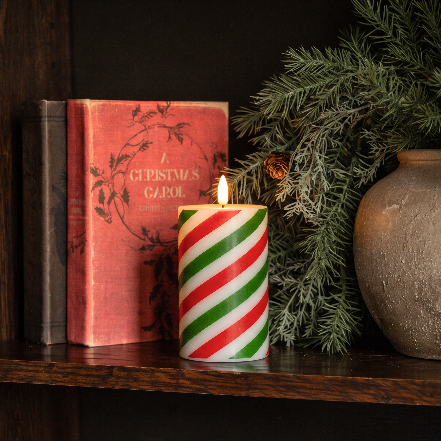 Flameless Red & Green Candy Cane Pillar Candle, 5", photo 2 of 8