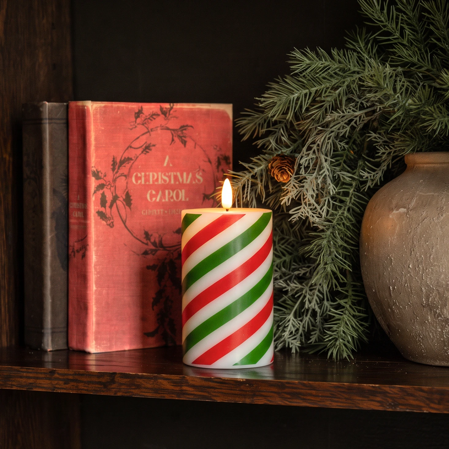 Flameless Red & Green Candy Cane Pillar Candle, 5", photo 2 of 8