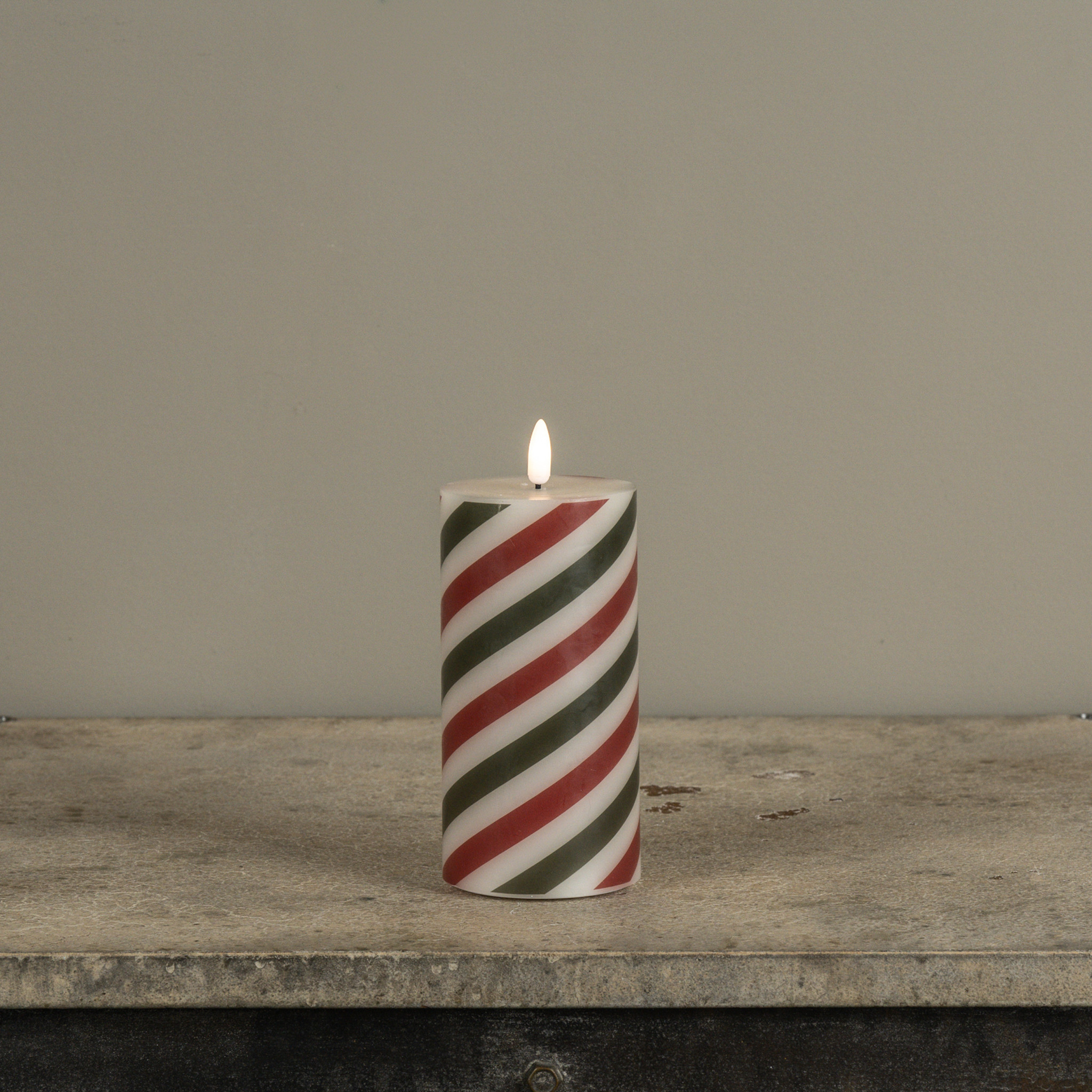 Flameless Red & Green Candy Cane Pillar Candle, 6", photo 3 of 8