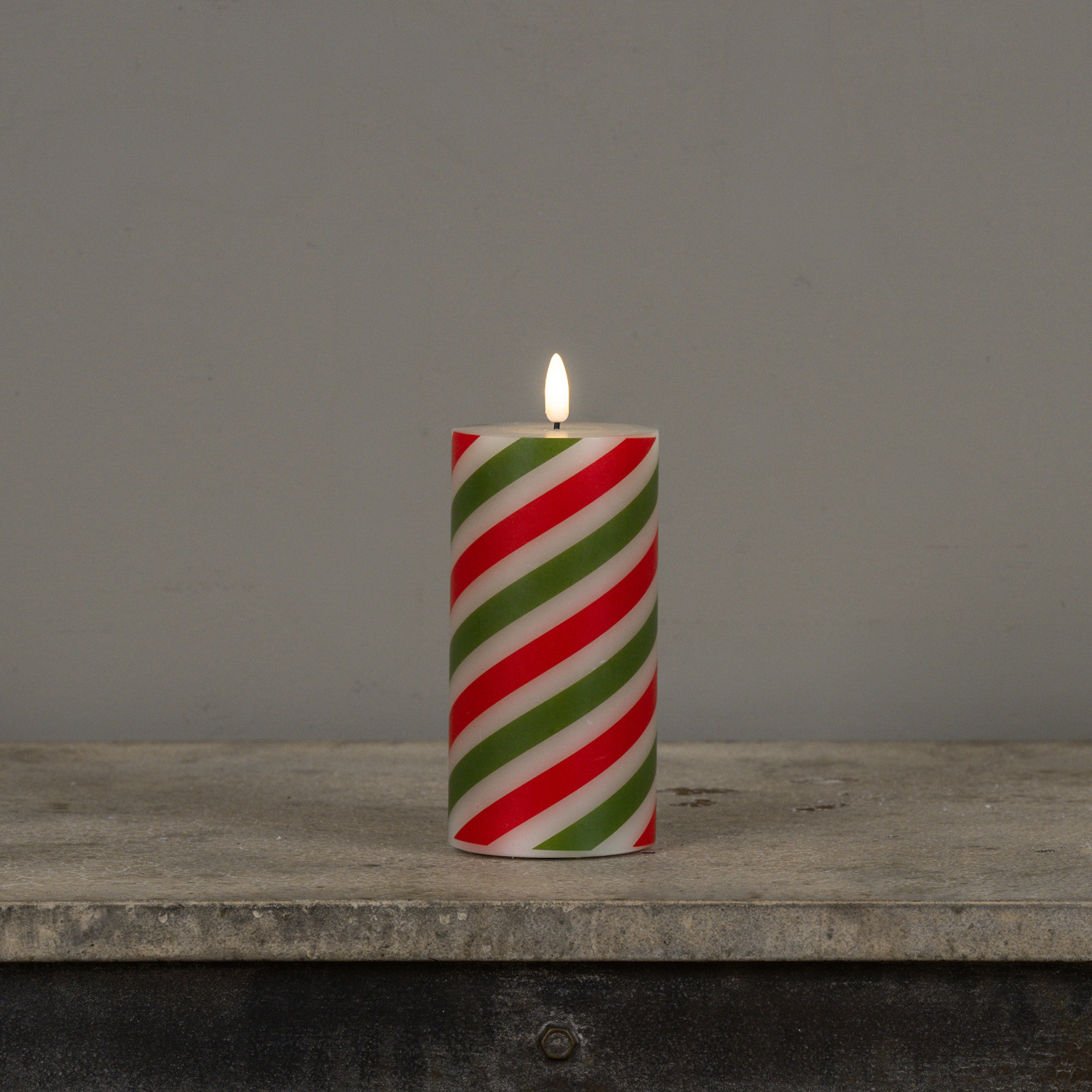 Flameless Red & Green Candy Cane Pillar Candle, 6", photo 4 of 8