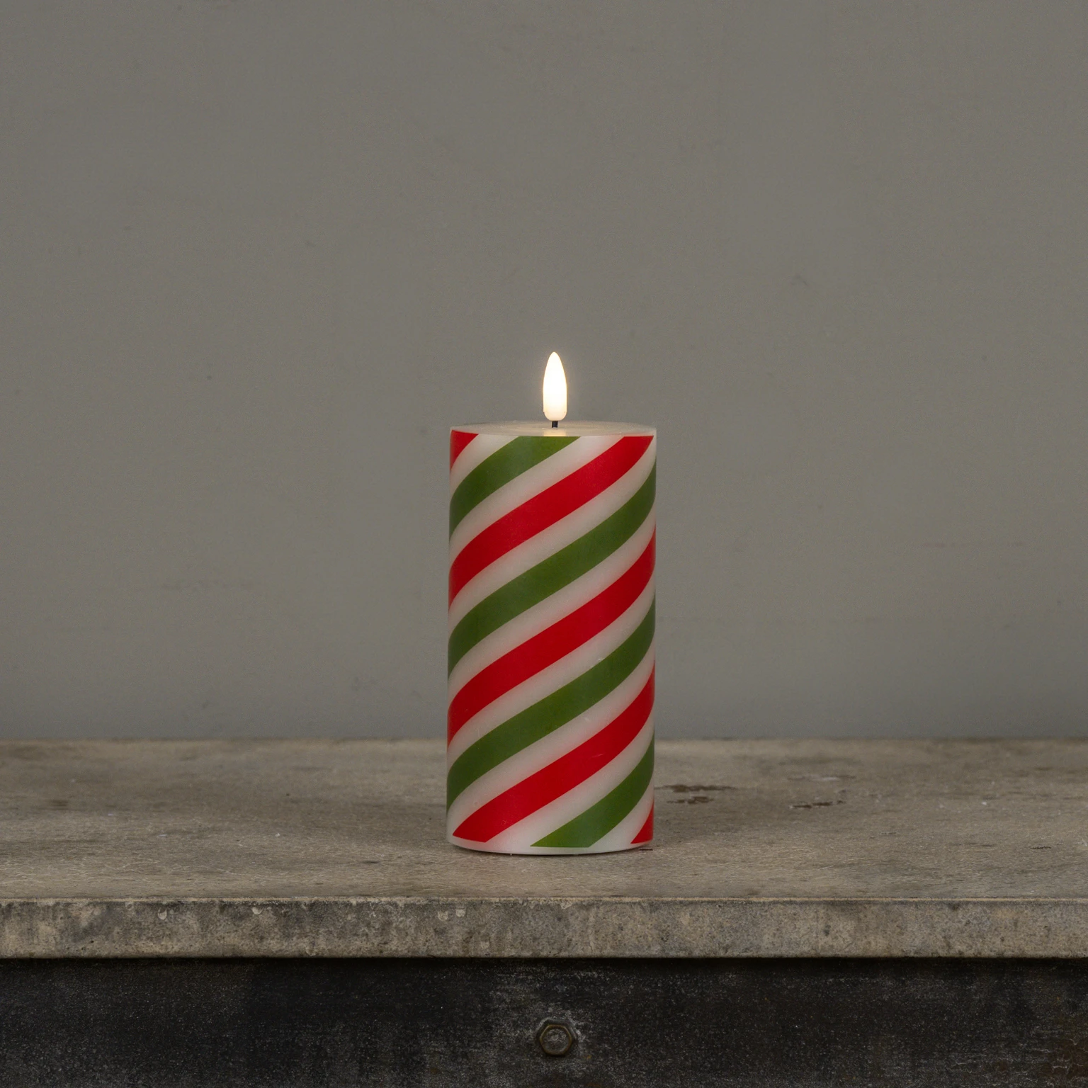 Flameless Red & Green Candy Cane Pillar Candle, 6", photo 4 of 8