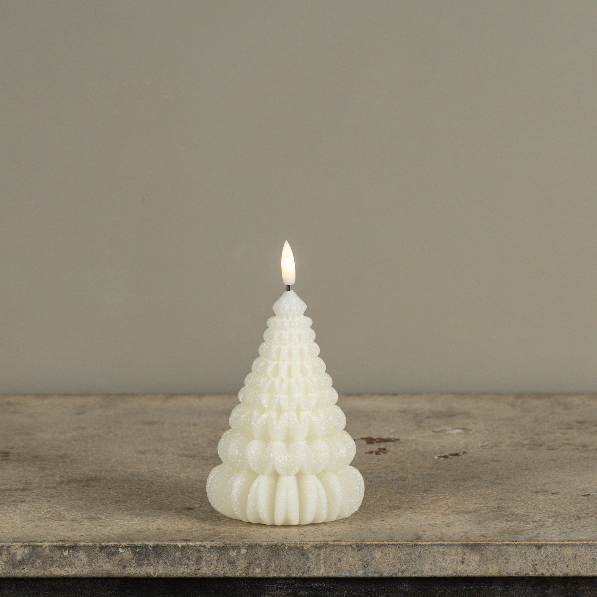 Flameless Cream Shimmer Ruffle Tree Candle, 5.5"