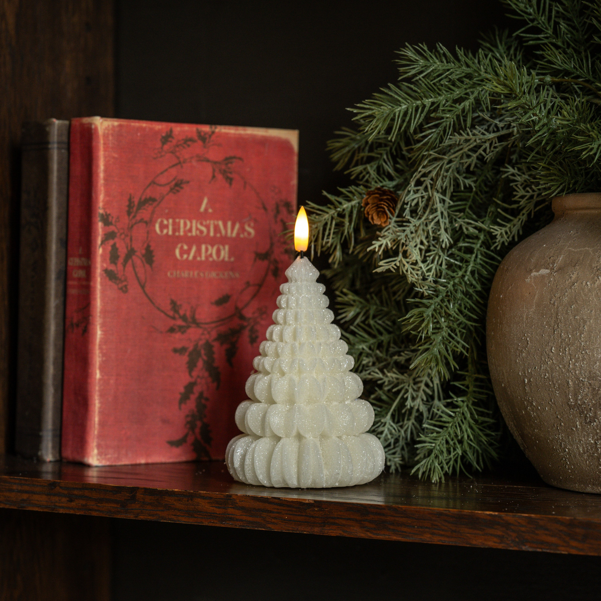 Flameless Cream Shimmer Ruffle Tree Candle, 5.5"