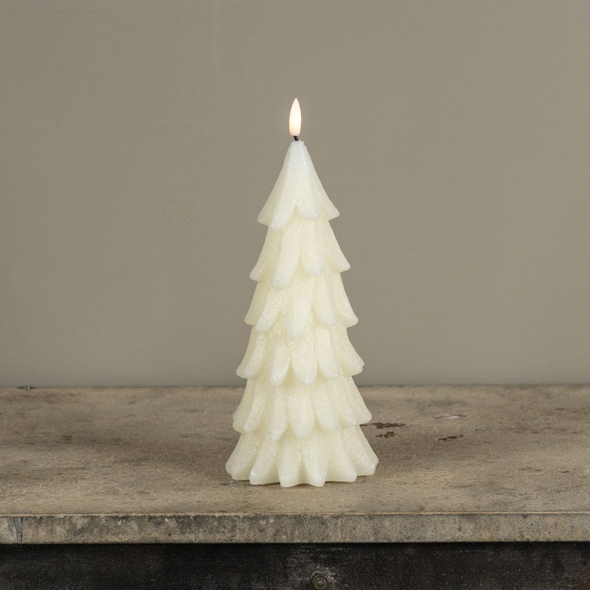 Flameless Cream Shimmer Alabaster Pine Tree Candle, 9.25", photo 2 of 3