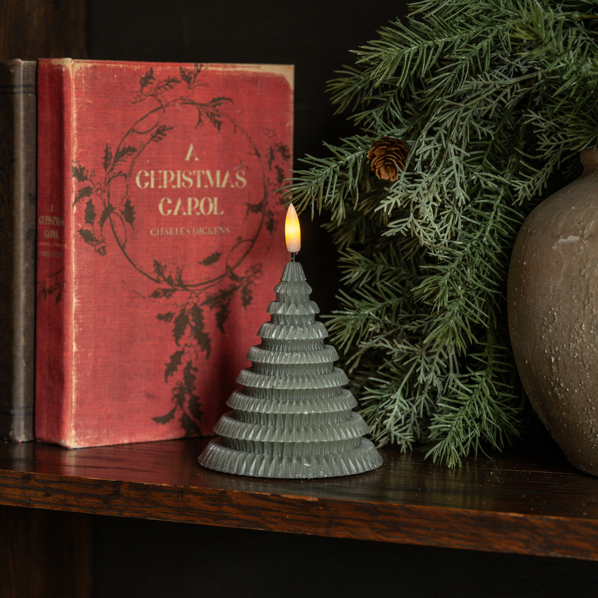 Flameless Green Layered Tree Candle, 4.75"