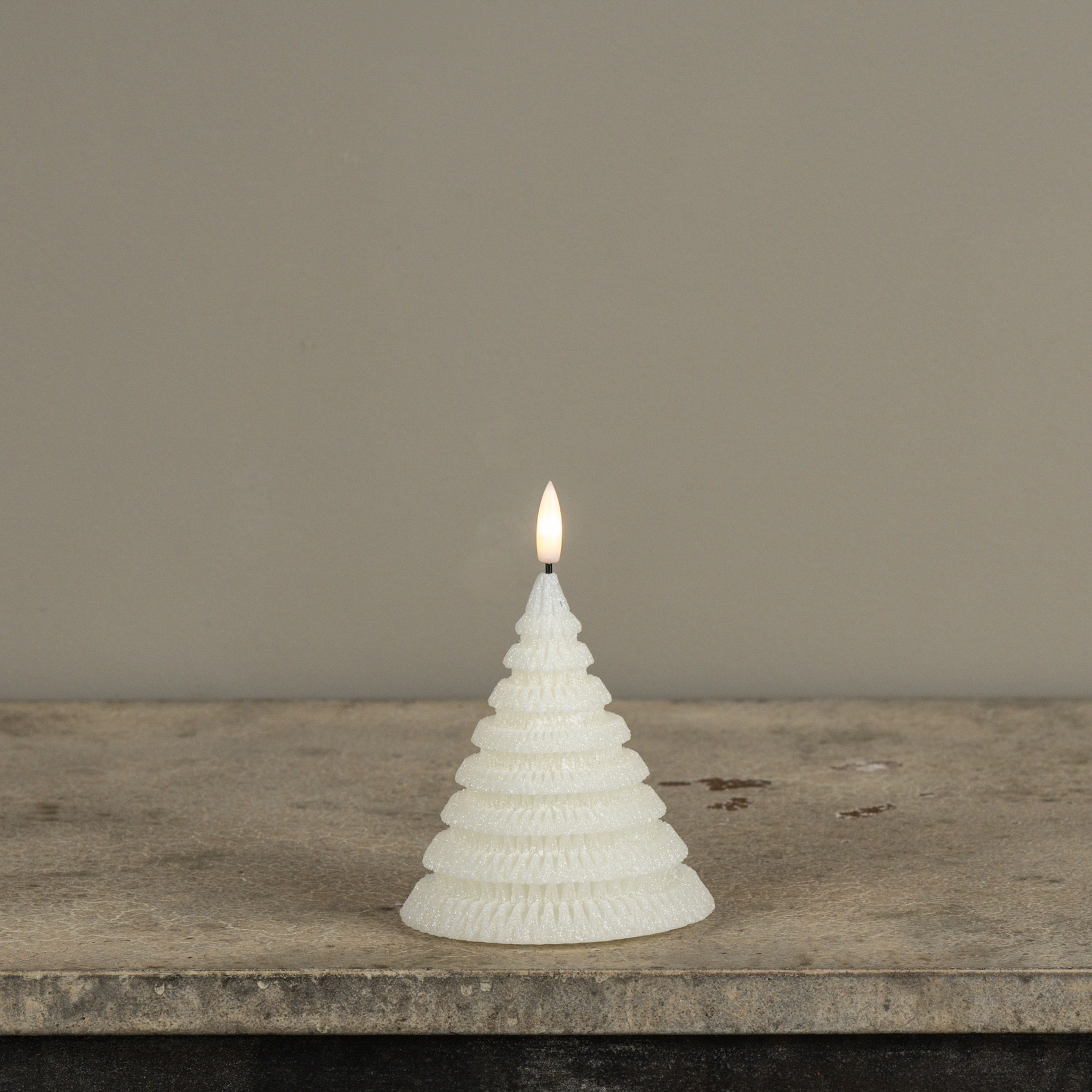 Flameless Cream Shimmer Layered Tree Candle, 4.75"