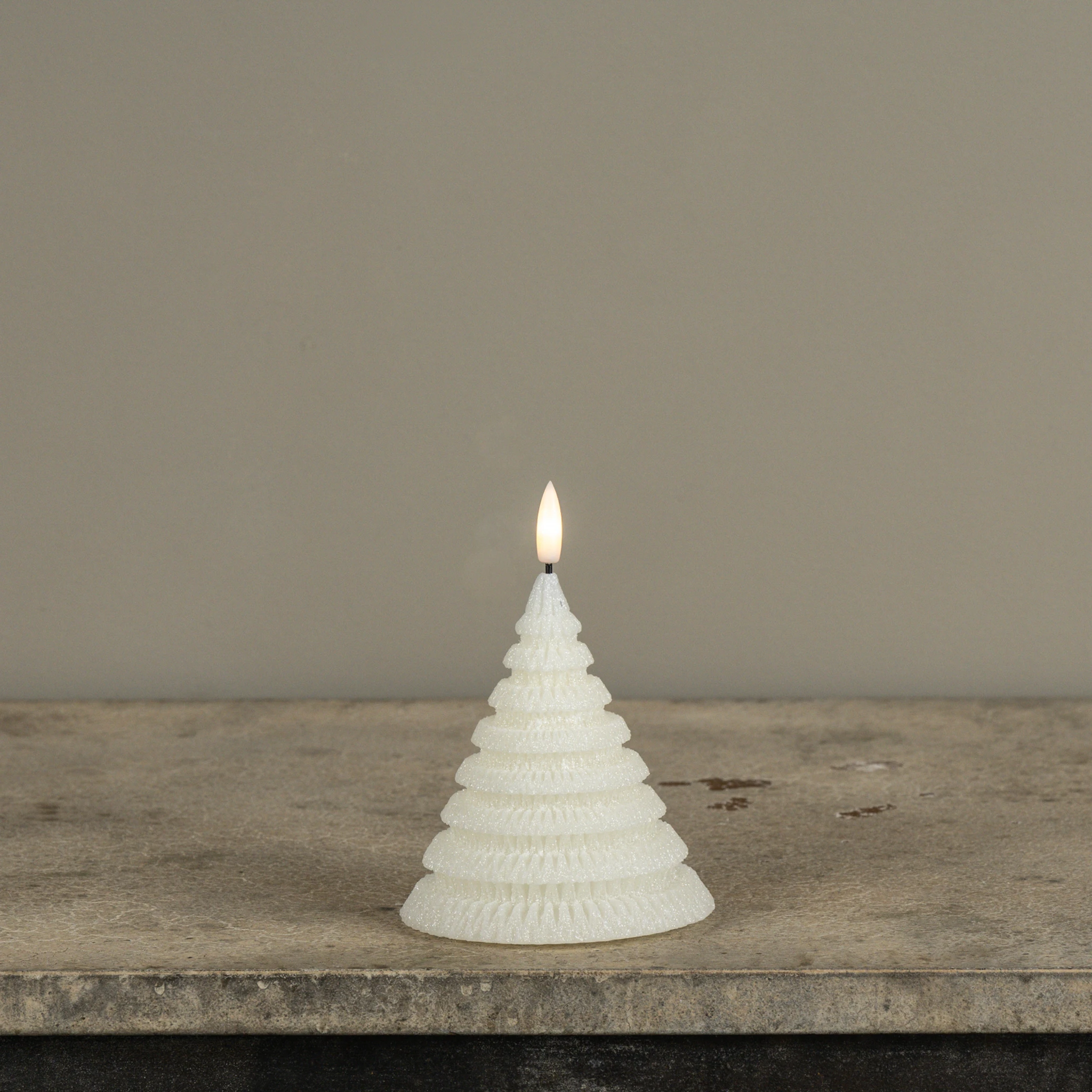 Flameless Cream Shimmer Layered Tree Candle, 4.75"