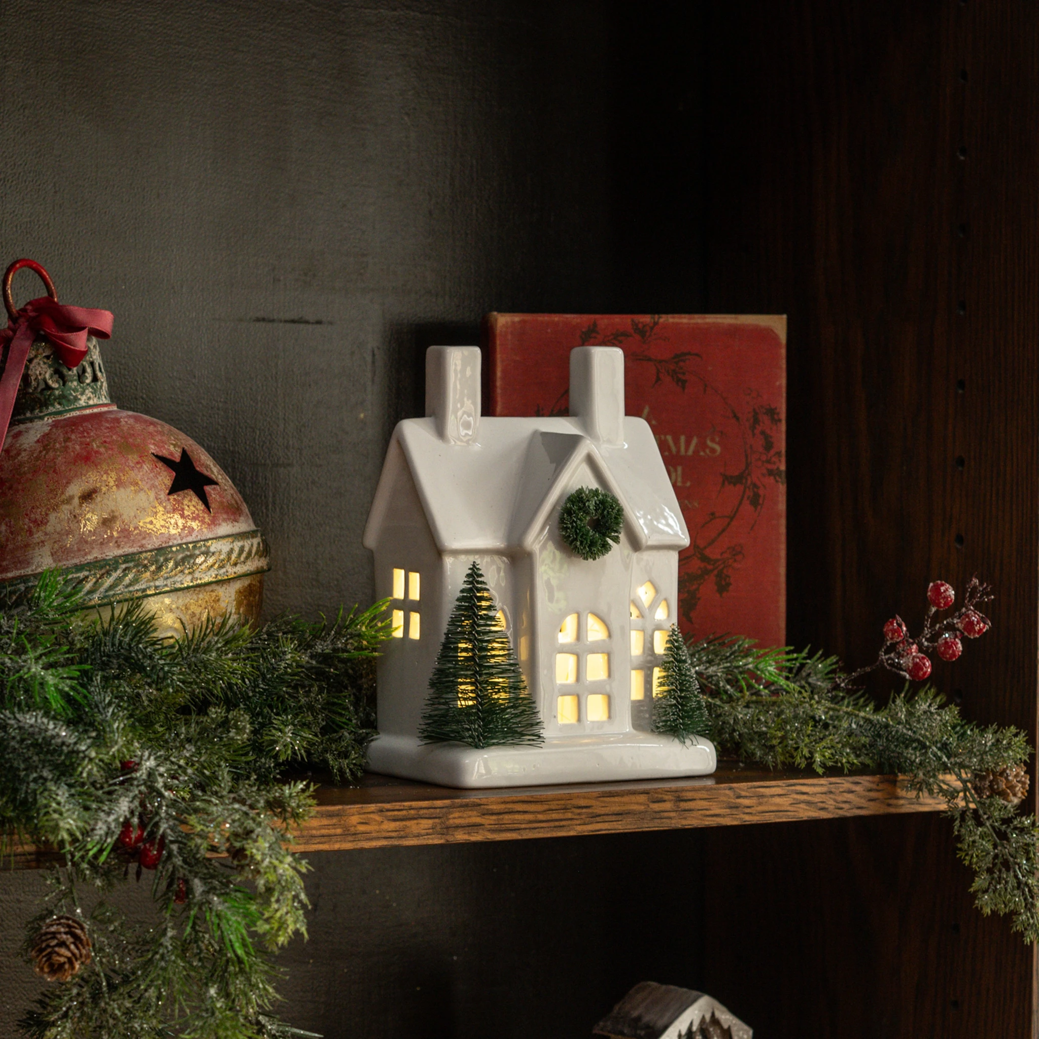 Lighted Ceramic Holiday House, 7.5"