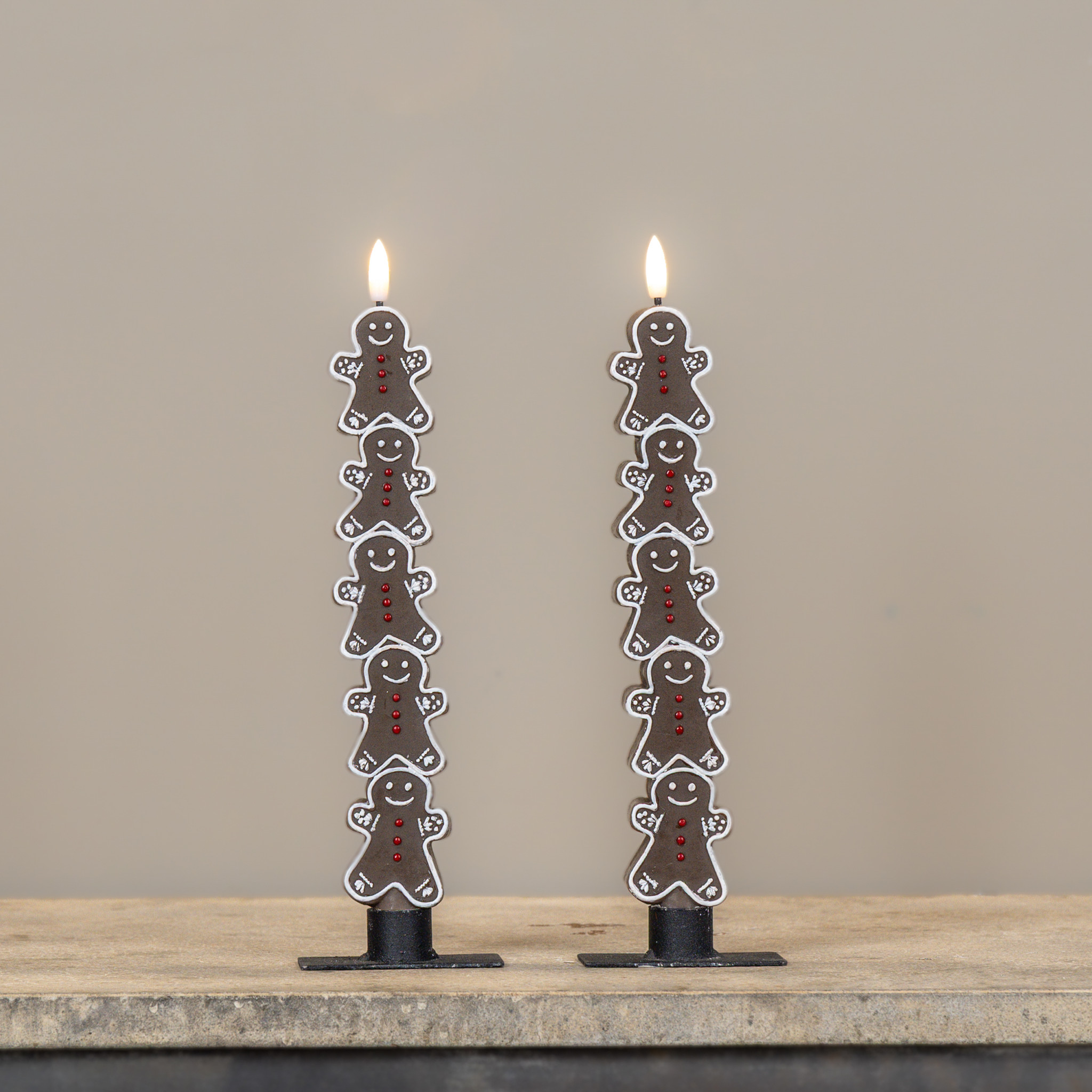 Stacked Gingerbread Men Taper Candles, Set of 2, 11.5"